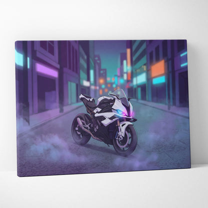 BMW S1000RR Inspired White Purple Motorcycle Canvas Wall Art Vaporwave Neon City Sportbike Garage Decor Cyberpunk Racing Artwork
