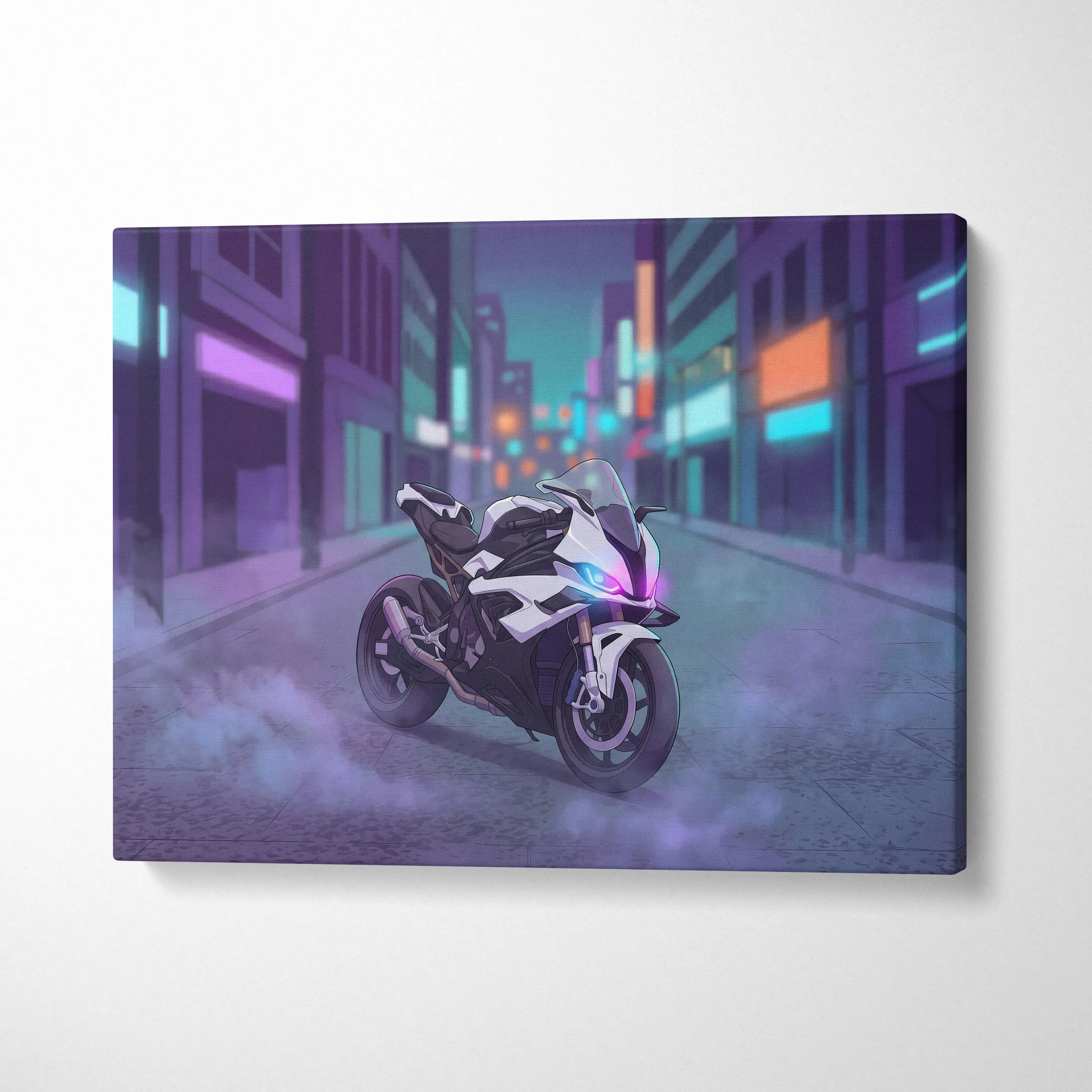 BMW S1000RR Inspired White Purple Motorcycle Canvas Wall Art Vaporwave Neon City Sportbike Garage Decor Cyberpunk Racing Artwork