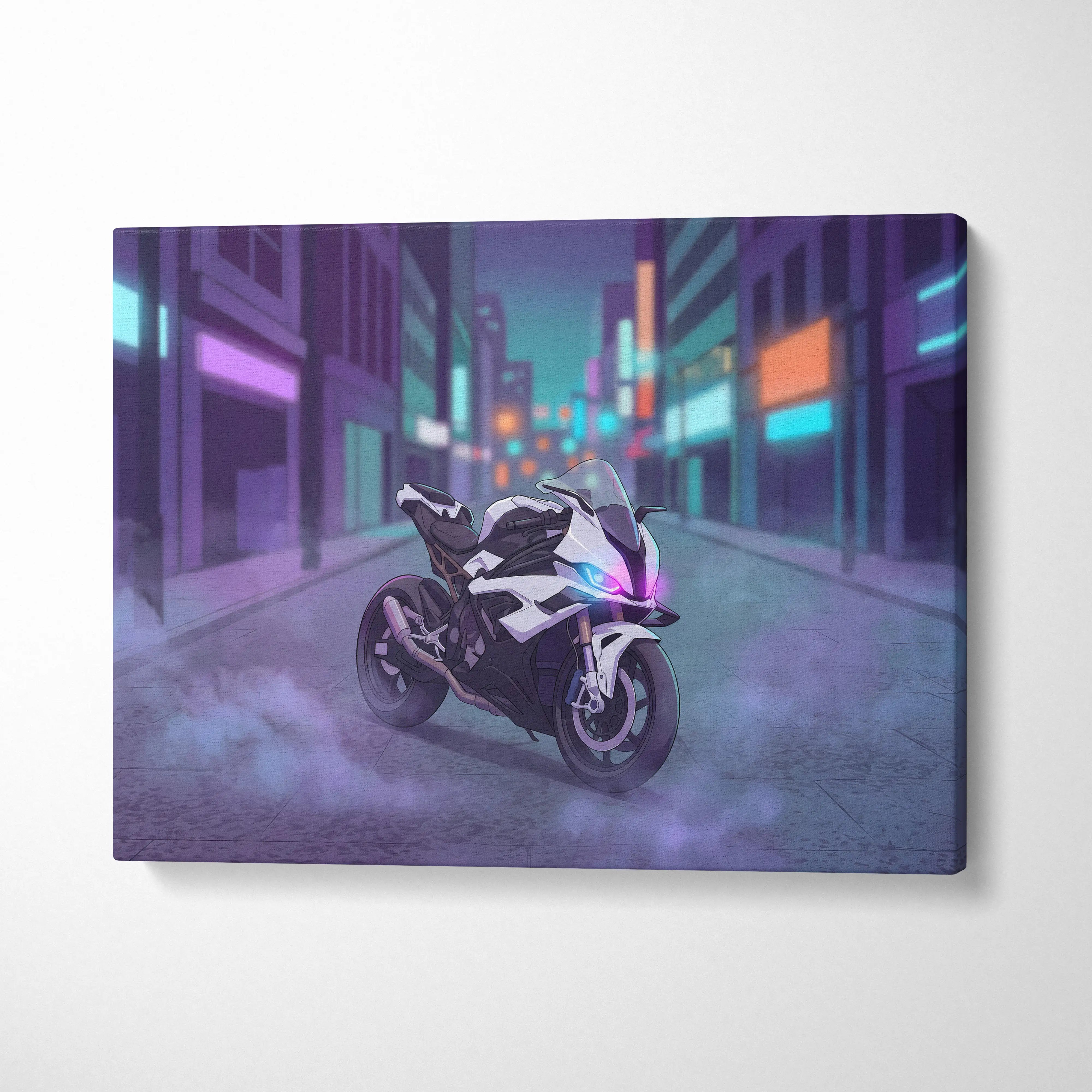 BMW S1000RR Inspired White Purple Motorcycle Canvas Wall Art Vaporwave Neon City Sportbike Garage Decor Cyberpunk Racing Artwork