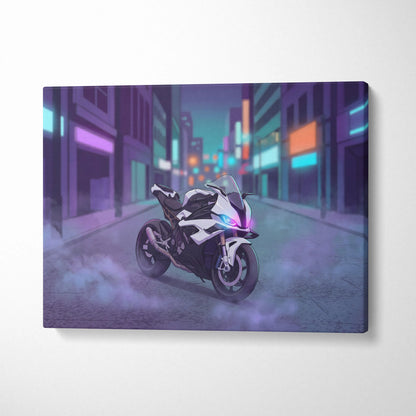 BMW S1000RR Inspired White Purple Motorcycle Canvas Wall Art Vaporwave Neon City Sportbike Garage Decor Cyberpunk Racing Artwork