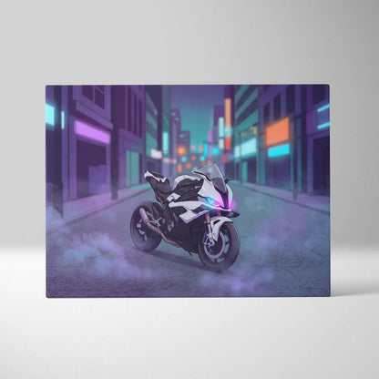 BMW S1000RR Inspired White Purple Motorcycle Canvas Wall Art Vaporwave Neon City Sportbike Garage Decor Cyberpunk Racing Artwork