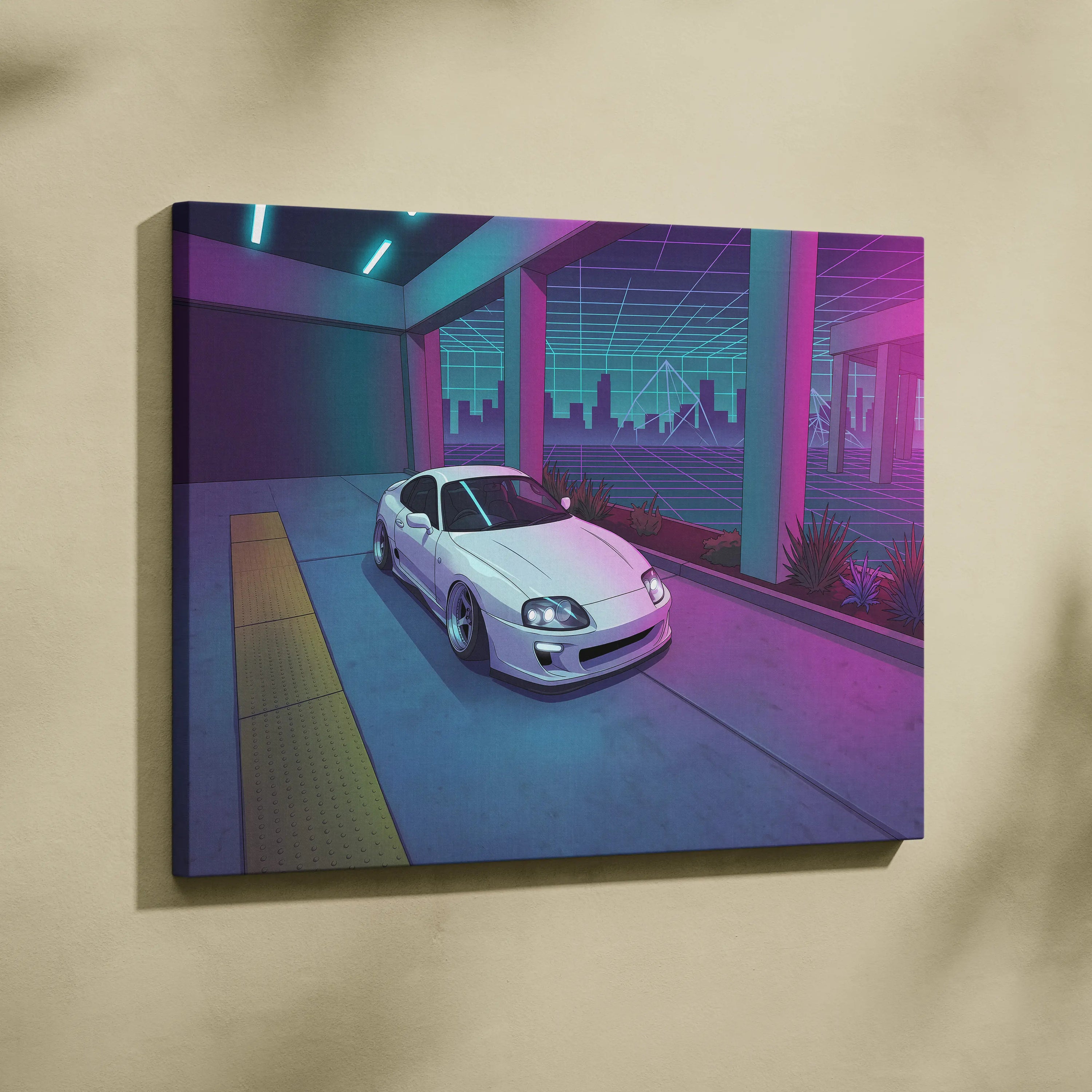 Toyota Supra Inspired White Blue Canvas Wall Art Vaporwave JDM Car Artwork, Neon City Garage Decor Retro Futuristic Sports Car Print