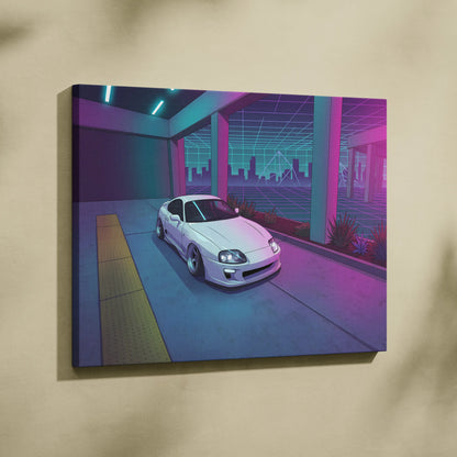 Toyota Supra Inspired White Blue Canvas Wall Art Vaporwave JDM Car Artwork, Neon City Garage Decor Retro Futuristic Sports Car Print