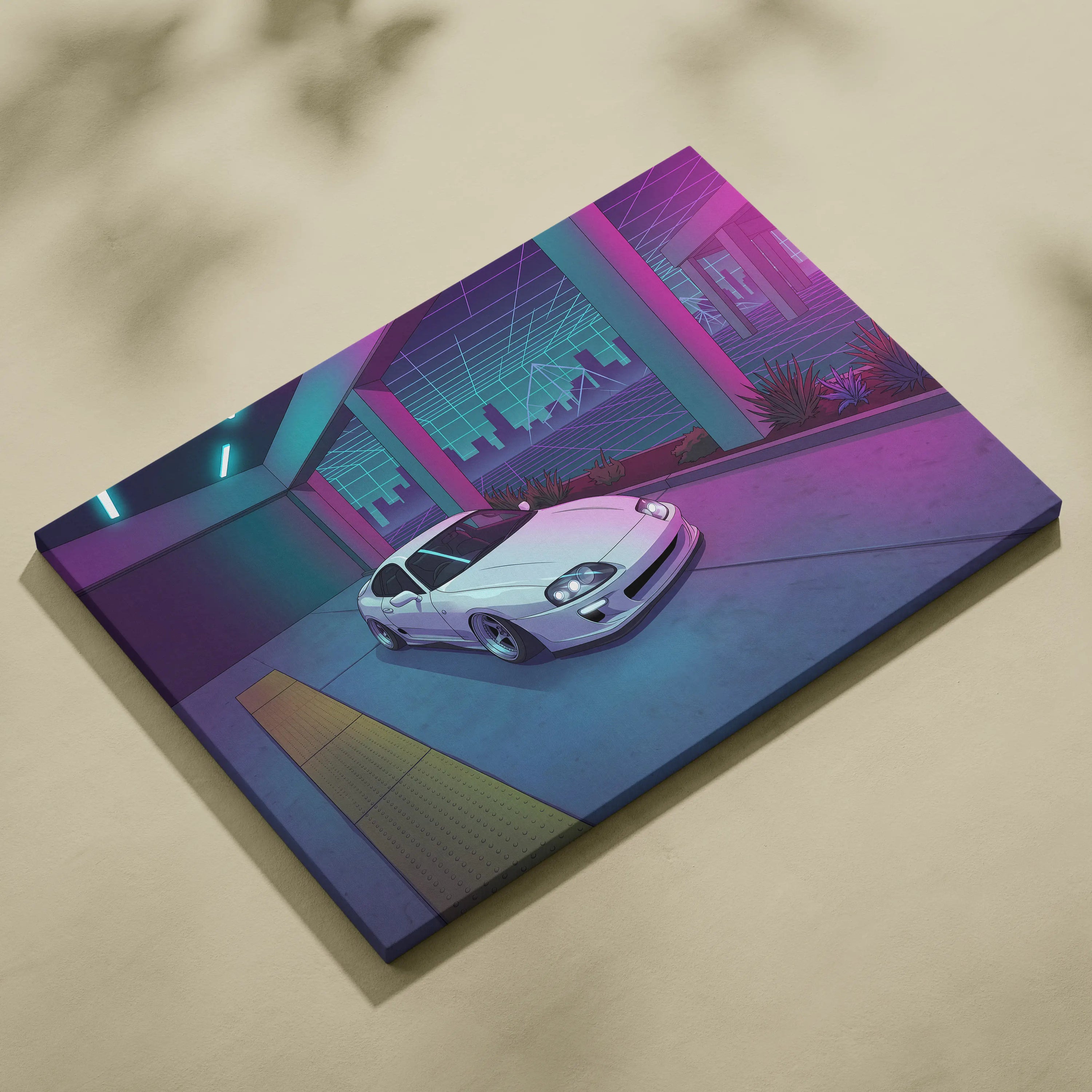 Toyota Supra Inspired White Blue Canvas Wall Art Vaporwave JDM Car Artwork, Neon City Garage Decor Retro Futuristic Sports Car Print