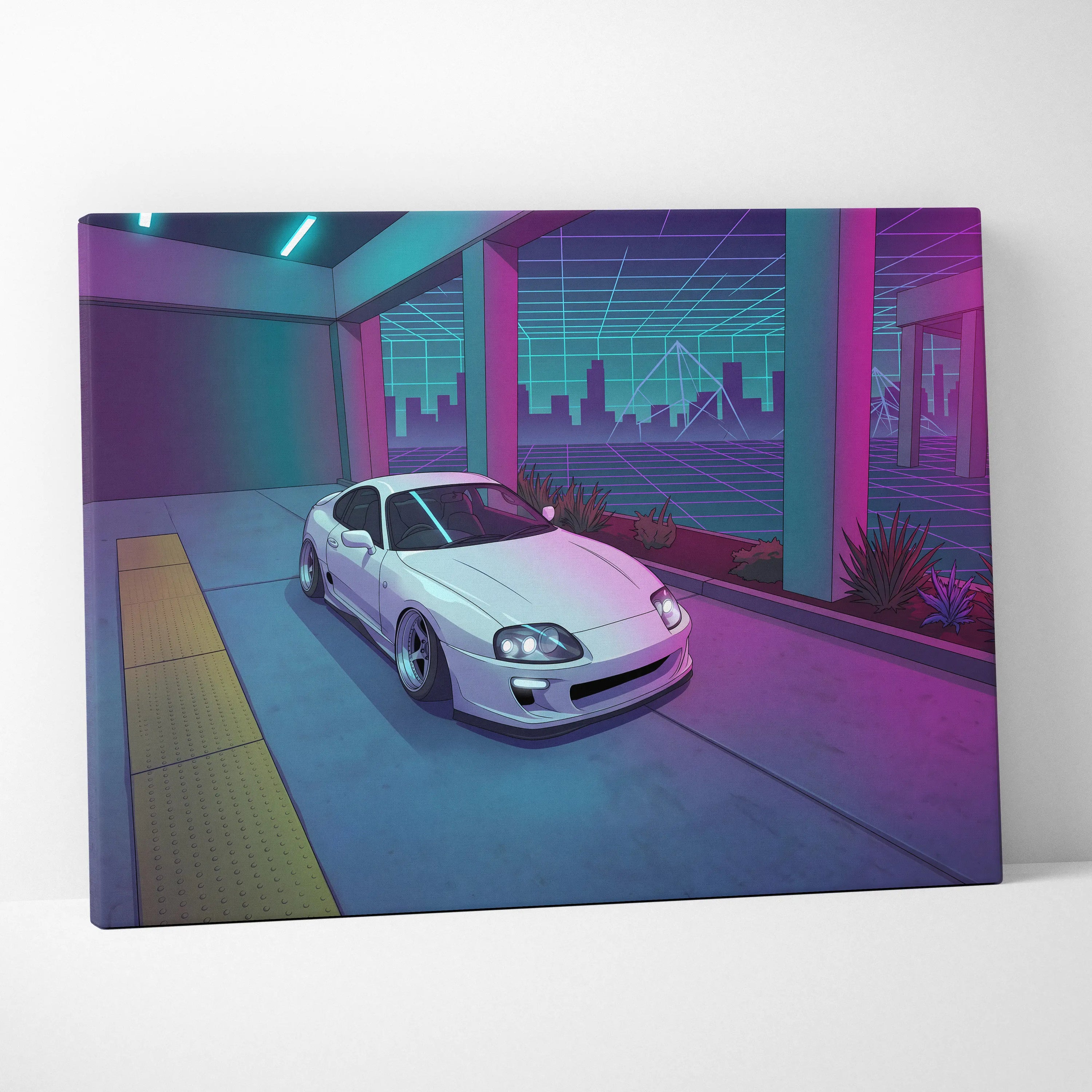 Toyota Supra Inspired White Blue Canvas Wall Art Vaporwave JDM Car Artwork, Neon City Garage Decor Retro Futuristic Sports Car Print