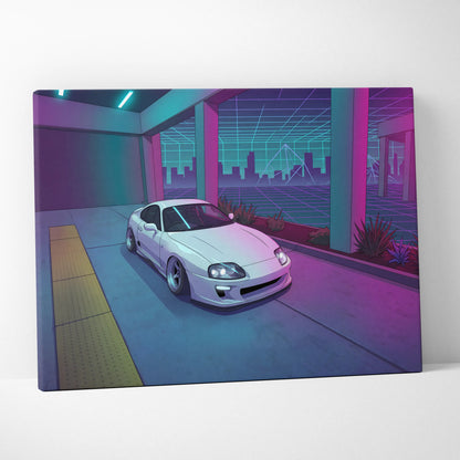 Toyota Supra Inspired White Blue Canvas Wall Art Vaporwave JDM Car Artwork, Neon City Garage Decor Retro Futuristic Sports Car Print