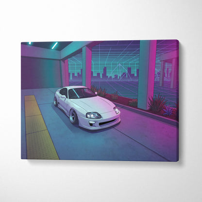 Toyota Supra Inspired White Blue Canvas Wall Art Vaporwave JDM Car Artwork, Neon City Garage Decor Retro Futuristic Sports Car Print