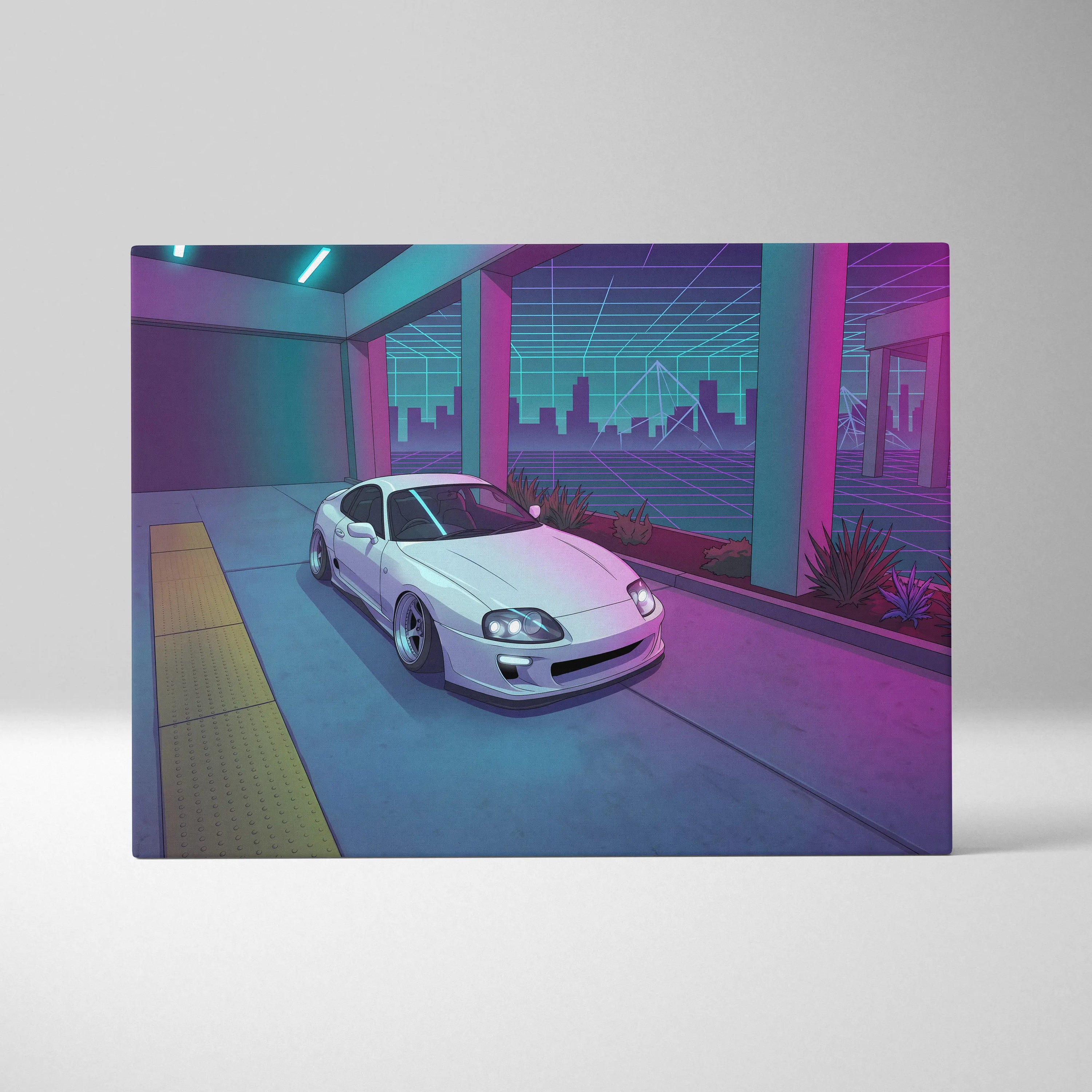 Toyota Supra Inspired White Blue Canvas Wall Art Vaporwave JDM Car Artwork, Neon City Garage Decor Retro Futuristic Sports Car Print