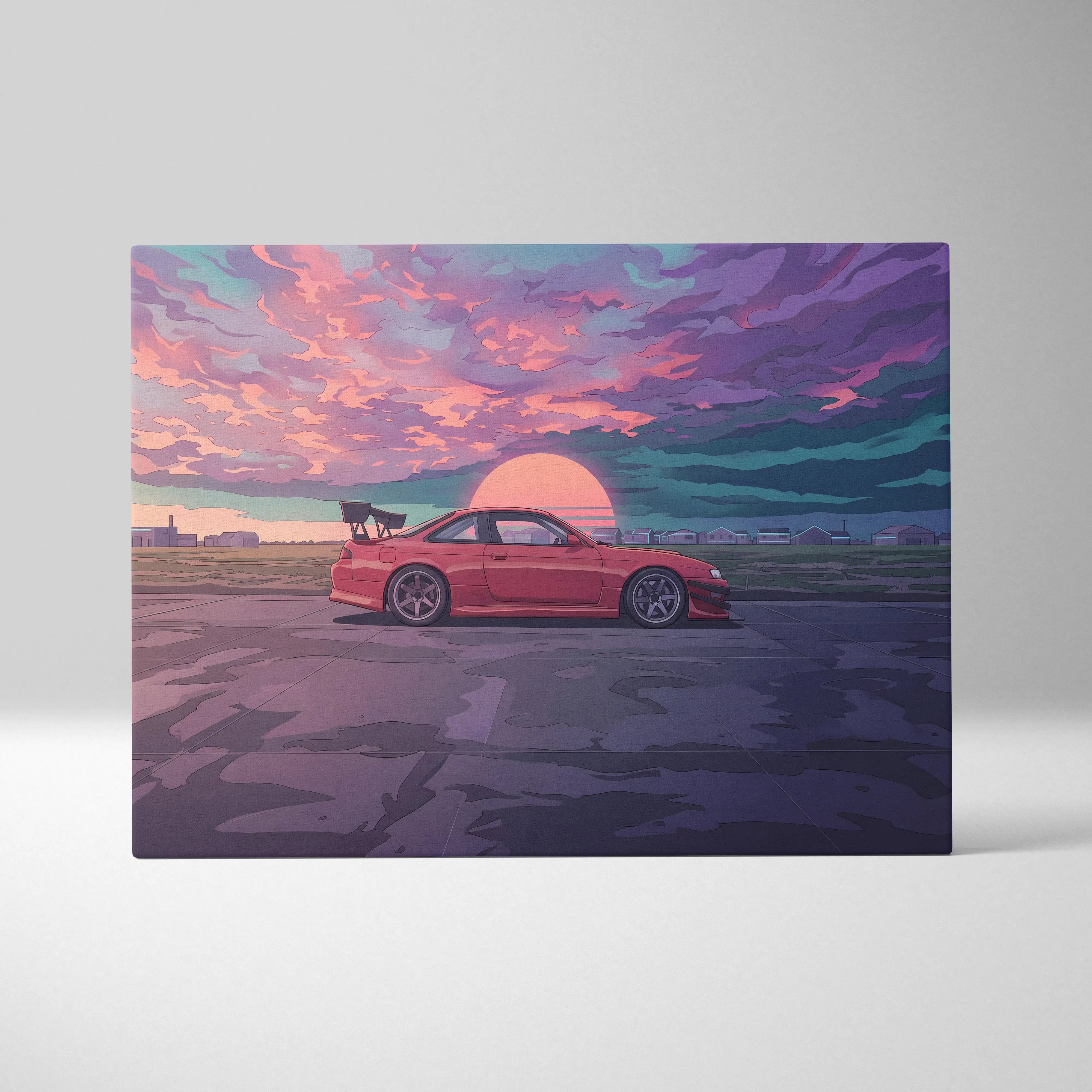 Nissan Silvia S14 Inspired Red Sunset Canvas Wall Art Vaporwave JDM Car Artwork, Moody Coastal Garage Decor Retro Futuristic Print