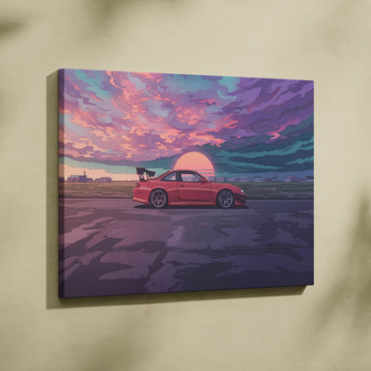 Nissan Silvia S14 Inspired Red Sunset Canvas Wall Art Vaporwave JDM Car Artwork, Moody Coastal Garage Decor Retro Futuristic Print