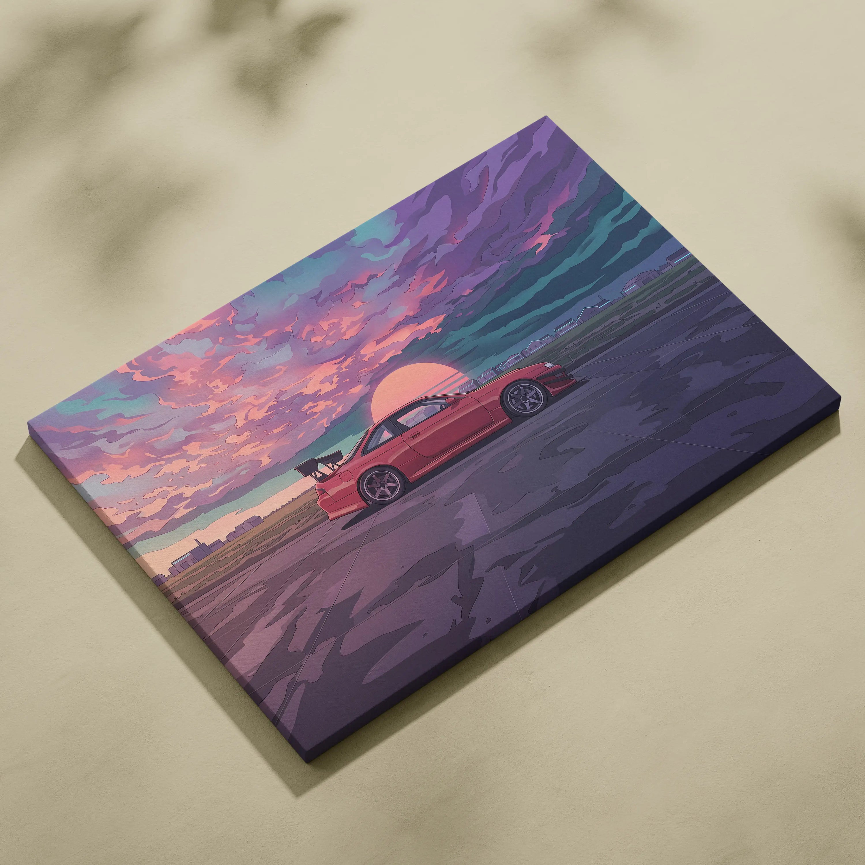 Nissan Silvia S14 Inspired Red Sunset Canvas Wall Art Vaporwave JDM Car Artwork, Moody Coastal Garage Decor Retro Futuristic Print