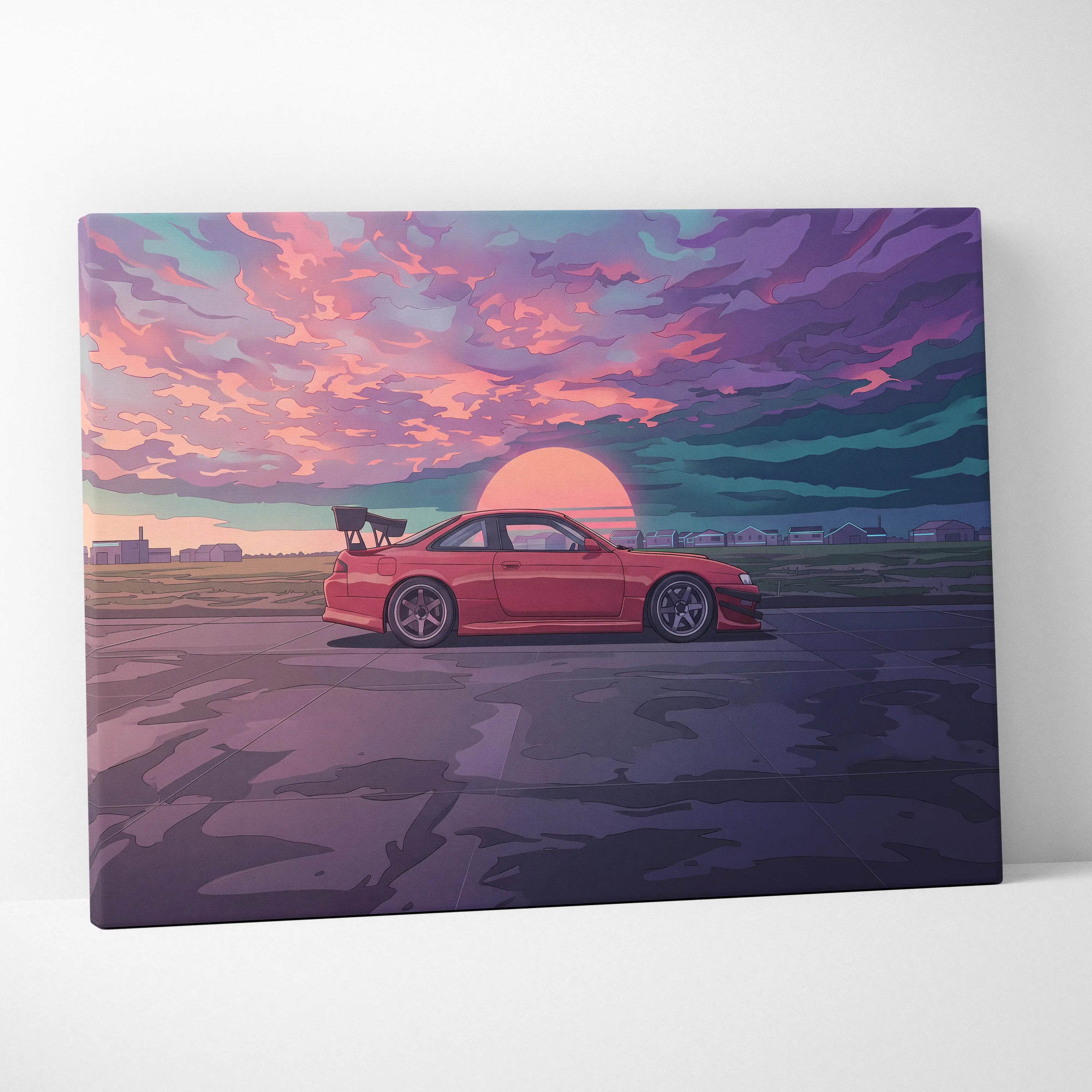 Nissan Silvia S14 Inspired Red Sunset Canvas Wall Art Vaporwave JDM Car Artwork, Moody Coastal Garage Decor Retro Futuristic Print