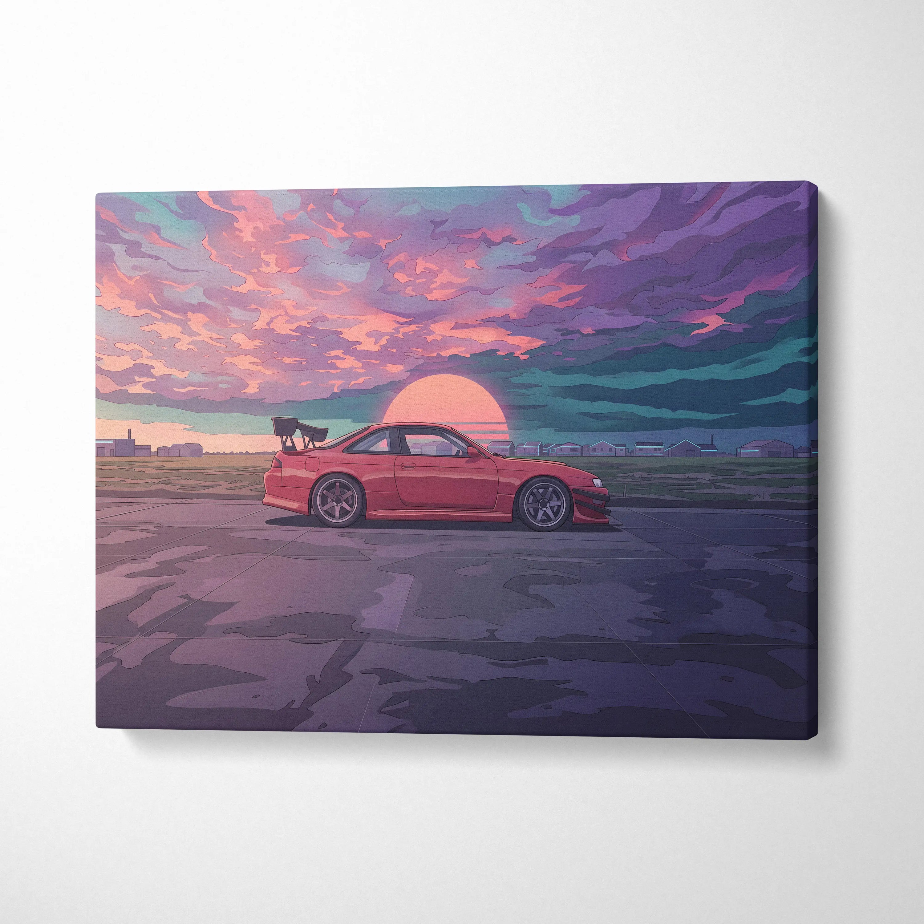 Nissan Silvia S14 Inspired Red Sunset Canvas Wall Art Vaporwave JDM Car Artwork, Moody Coastal Garage Decor Retro Futuristic Print