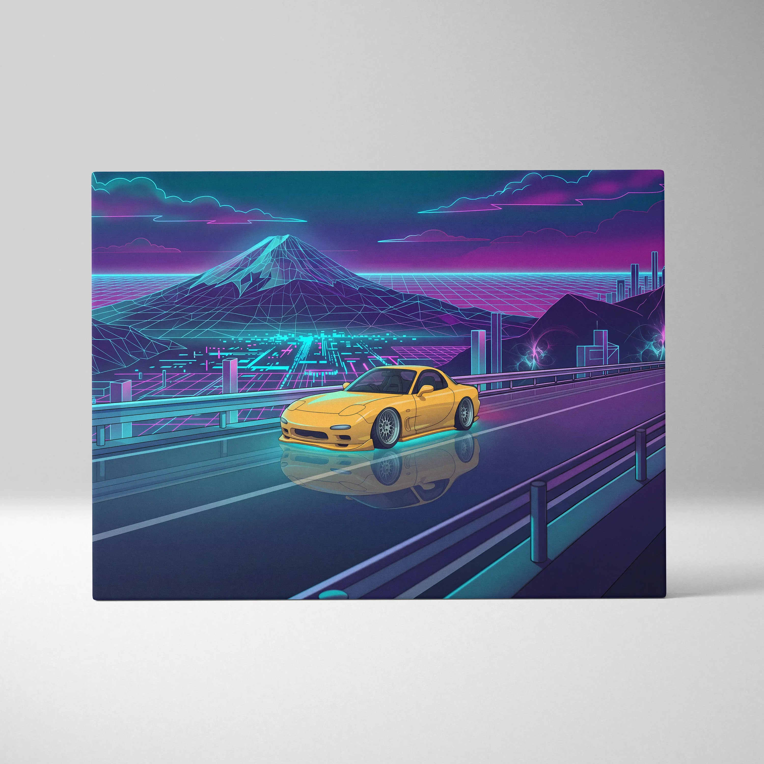 Mazda RX-7 FD Inspired Yellow Teal Canvas Wall Art Vaporwave JDM Sports Car Artwork Neon Mountain Road Garage Decor Retro Futuristic Night Print