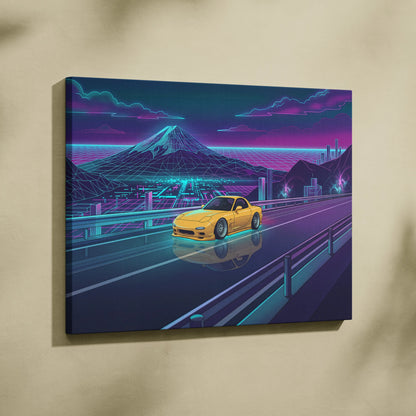 Mazda RX-7 FD Inspired Yellow Teal Canvas Wall Art Vaporwave JDM Sports Car Artwork Neon Mountain Road Garage Decor Retro Futuristic Night Print