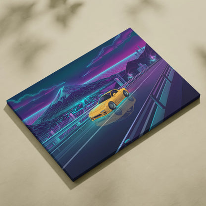 Mazda RX-7 FD Inspired Yellow Teal Canvas Wall Art Vaporwave JDM Sports Car Artwork Neon Mountain Road Garage Decor Retro Futuristic Night Print
