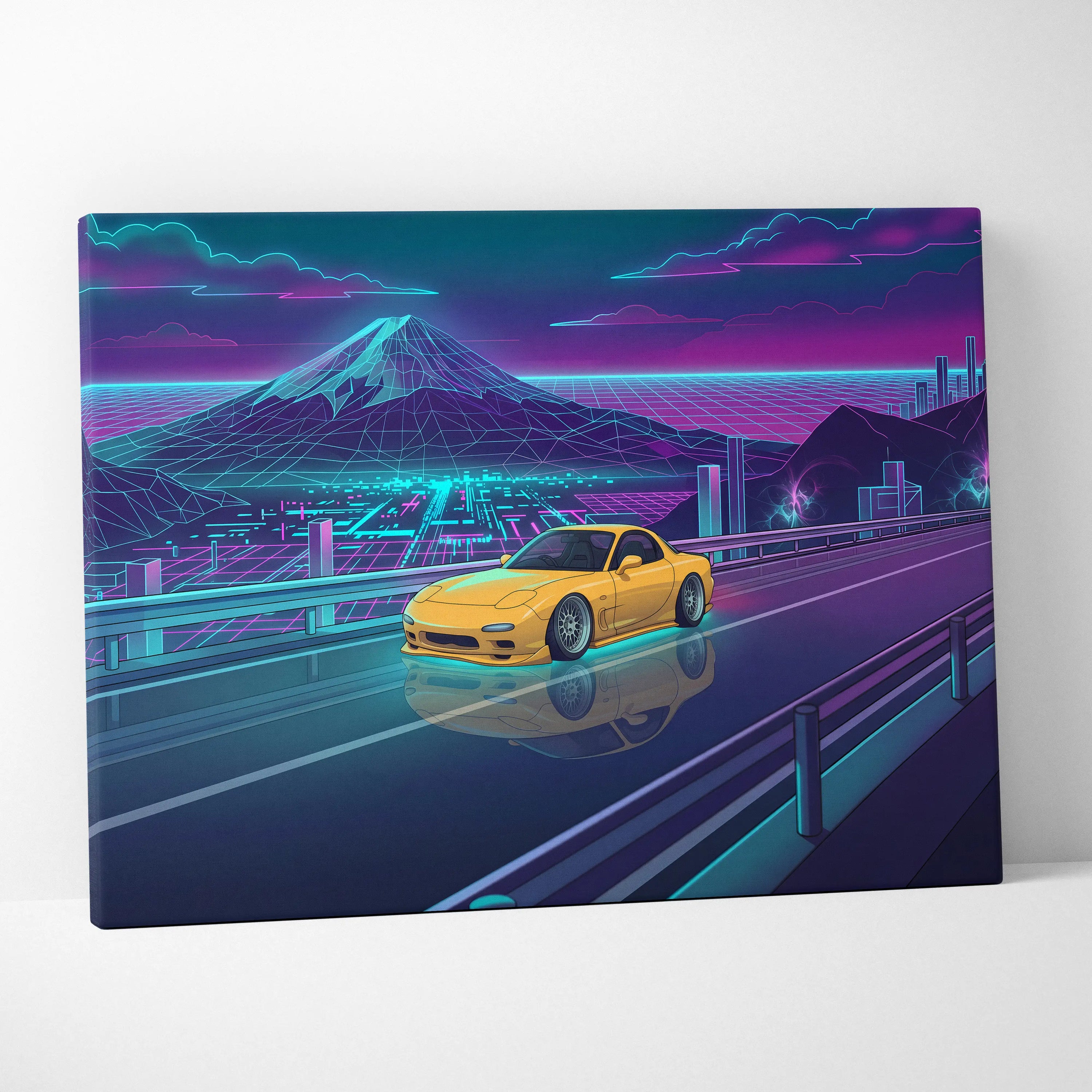 Mazda RX-7 FD Inspired Yellow Teal Canvas Wall Art Vaporwave JDM Sports Car Artwork Neon Mountain Road Garage Decor Retro Futuristic Night Print