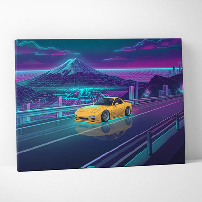 Mazda RX-7 FD Inspired Yellow Teal Canvas Wall Art Vaporwave JDM Sports Car Artwork Neon Mountain Road Garage Decor Retro Futuristic Night Print