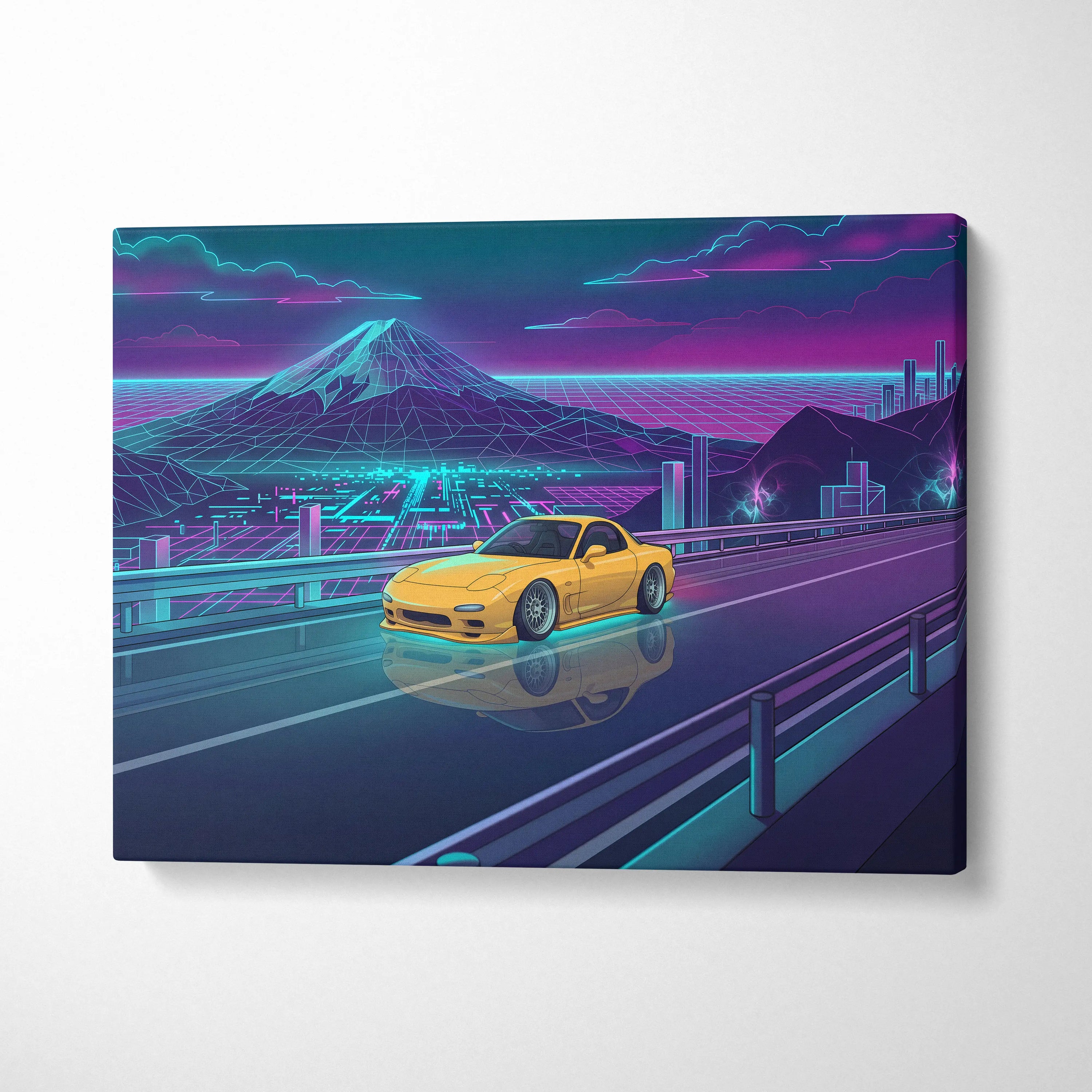 Mazda RX-7 FD Inspired Yellow Teal Canvas Wall Art Vaporwave JDM Sports Car Artwork Neon Mountain Road Garage Decor Retro Futuristic Night Print