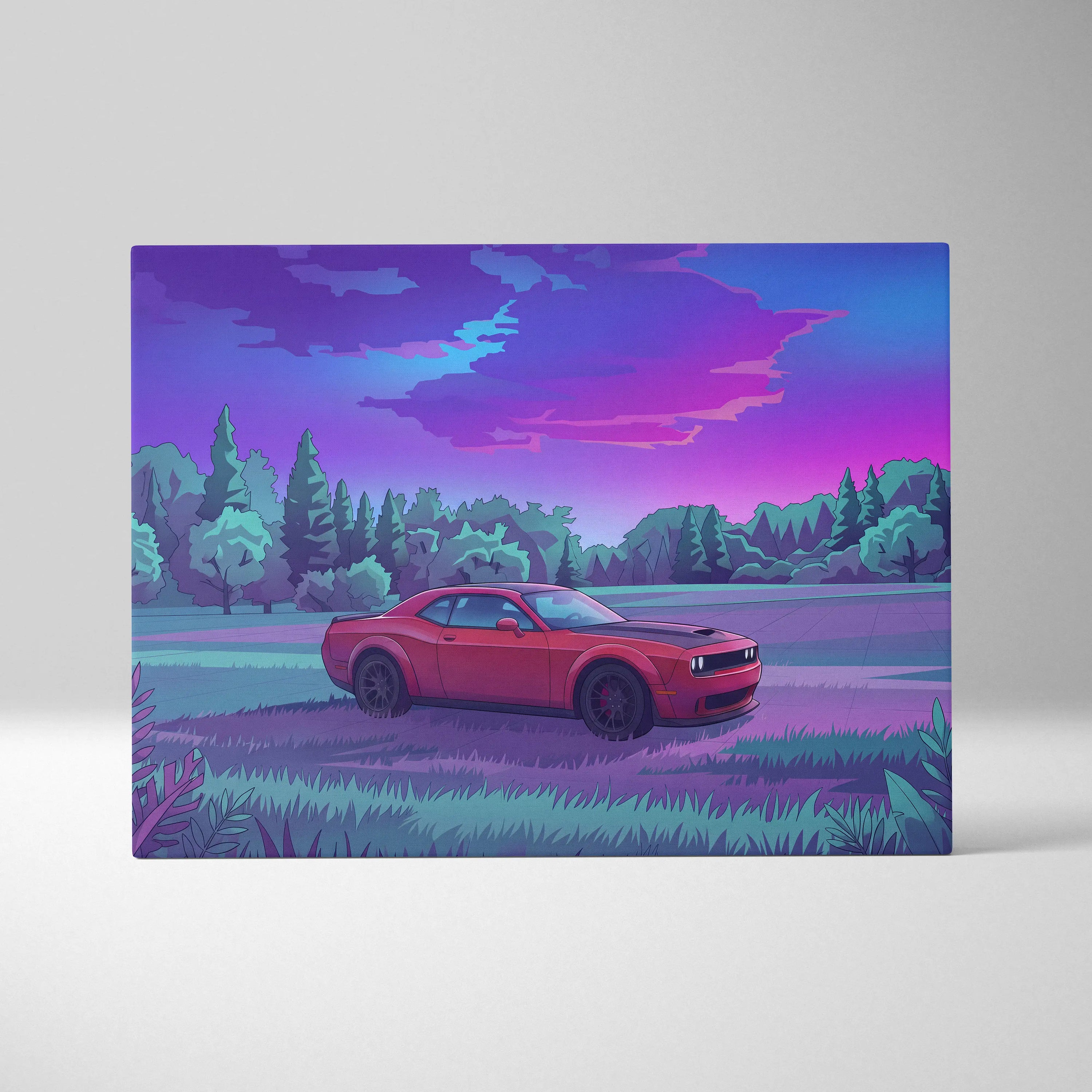 Dodge Challenger Inspired Red Purple Forest Canvas Wall Art Vaporwave Muscle Car Artwork, Moody Mountain Road Garage Decor Retro Futuristic Print