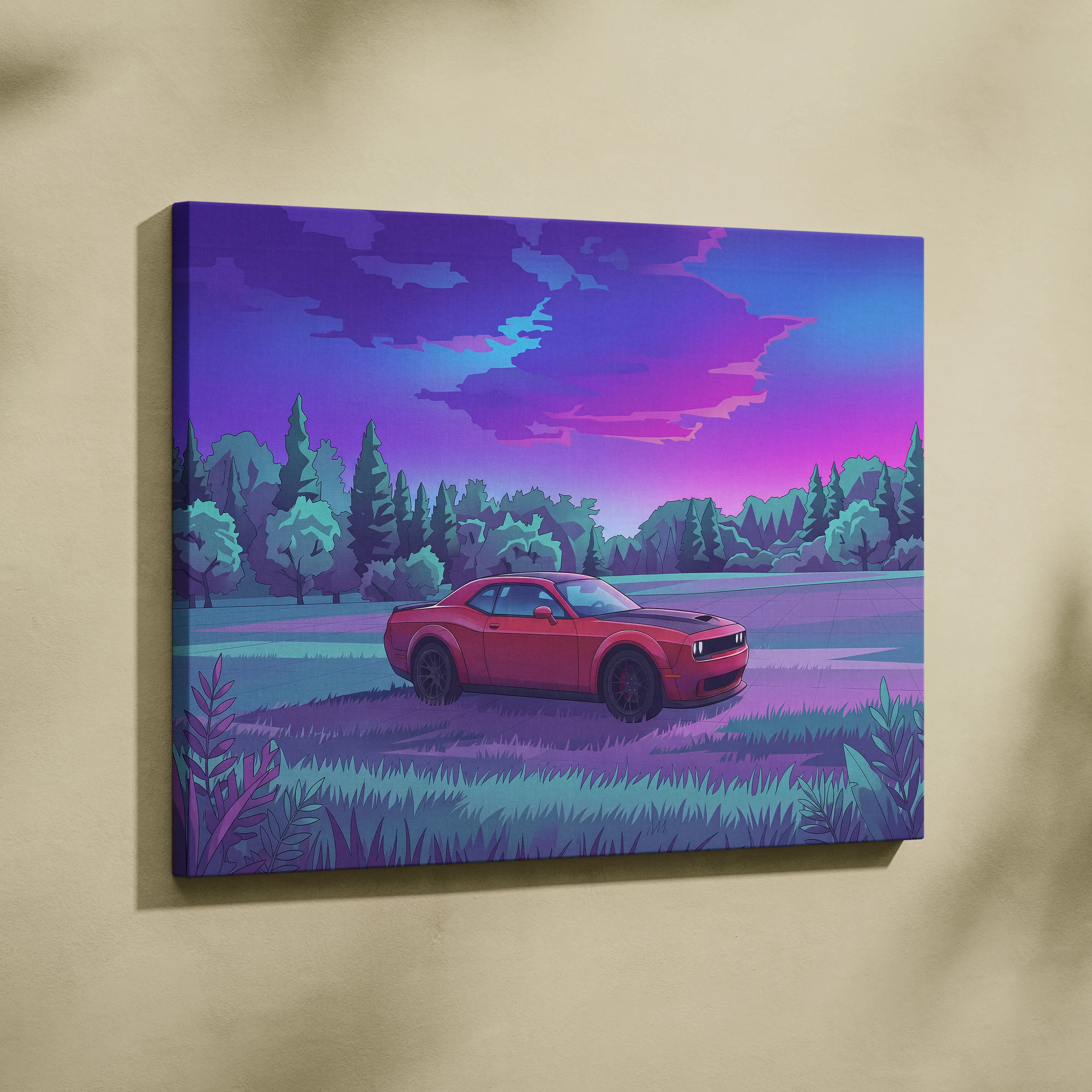 Dodge Challenger Inspired Red Purple Forest Canvas Wall Art Vaporwave Muscle Car Artwork, Moody Mountain Road Garage Decor Retro Futuristic Print