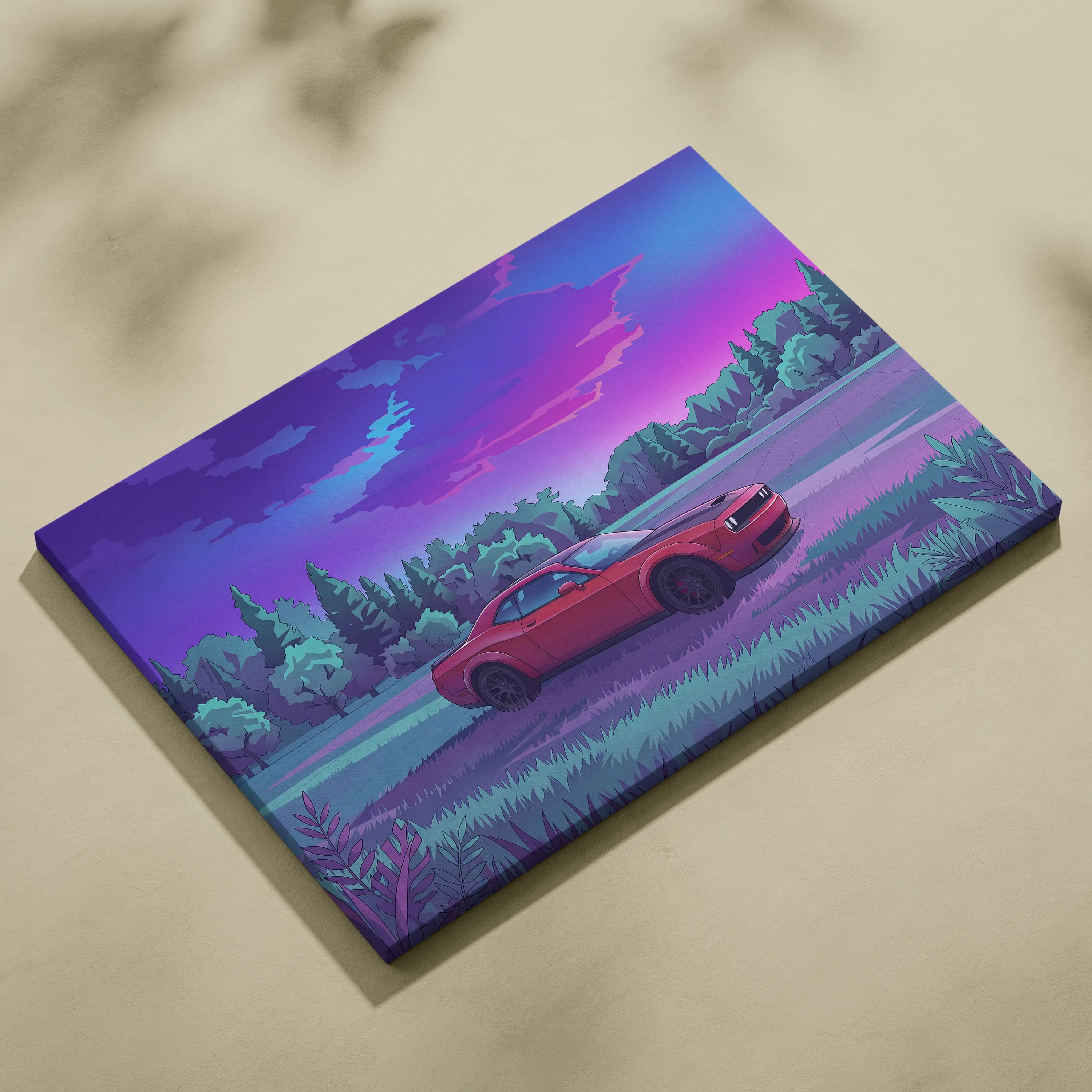 Dodge Challenger Inspired Red Purple Forest Canvas Wall Art Vaporwave Muscle Car Artwork, Moody Mountain Road Garage Decor Retro Futuristic Print