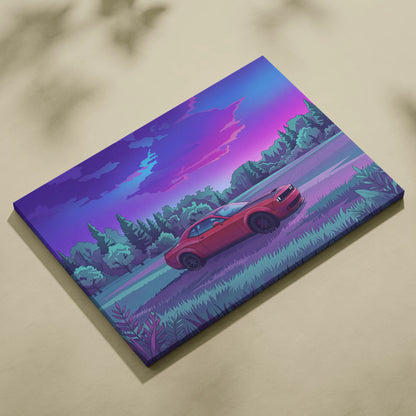 Dodge Challenger Inspired Red Purple Forest Canvas Wall Art Vaporwave Muscle Car Artwork, Moody Mountain Road Garage Decor Retro Futuristic Print