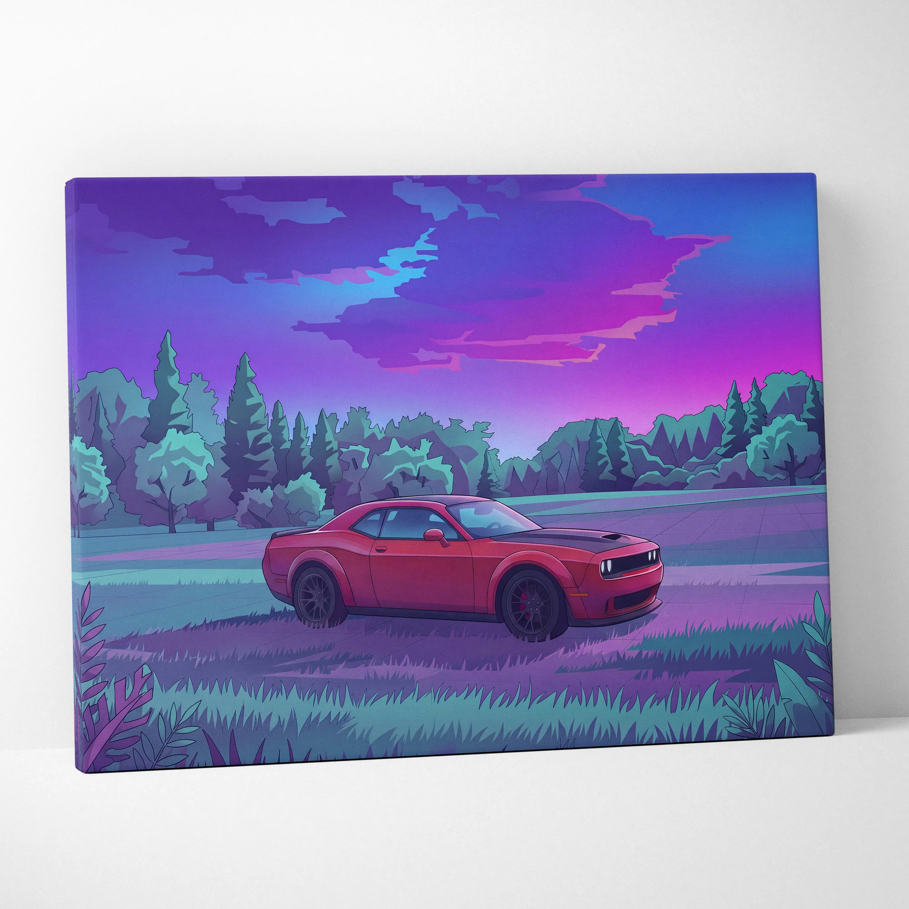 Dodge Challenger Inspired Red Purple Forest Canvas Wall Art Vaporwave Muscle Car Artwork, Moody Mountain Road Garage Decor Retro Futuristic Print