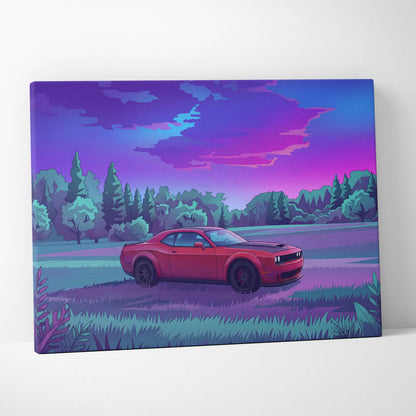 Dodge Challenger Inspired Red Purple Forest Canvas Wall Art Vaporwave Muscle Car Artwork, Moody Mountain Road Garage Decor Retro Futuristic Print