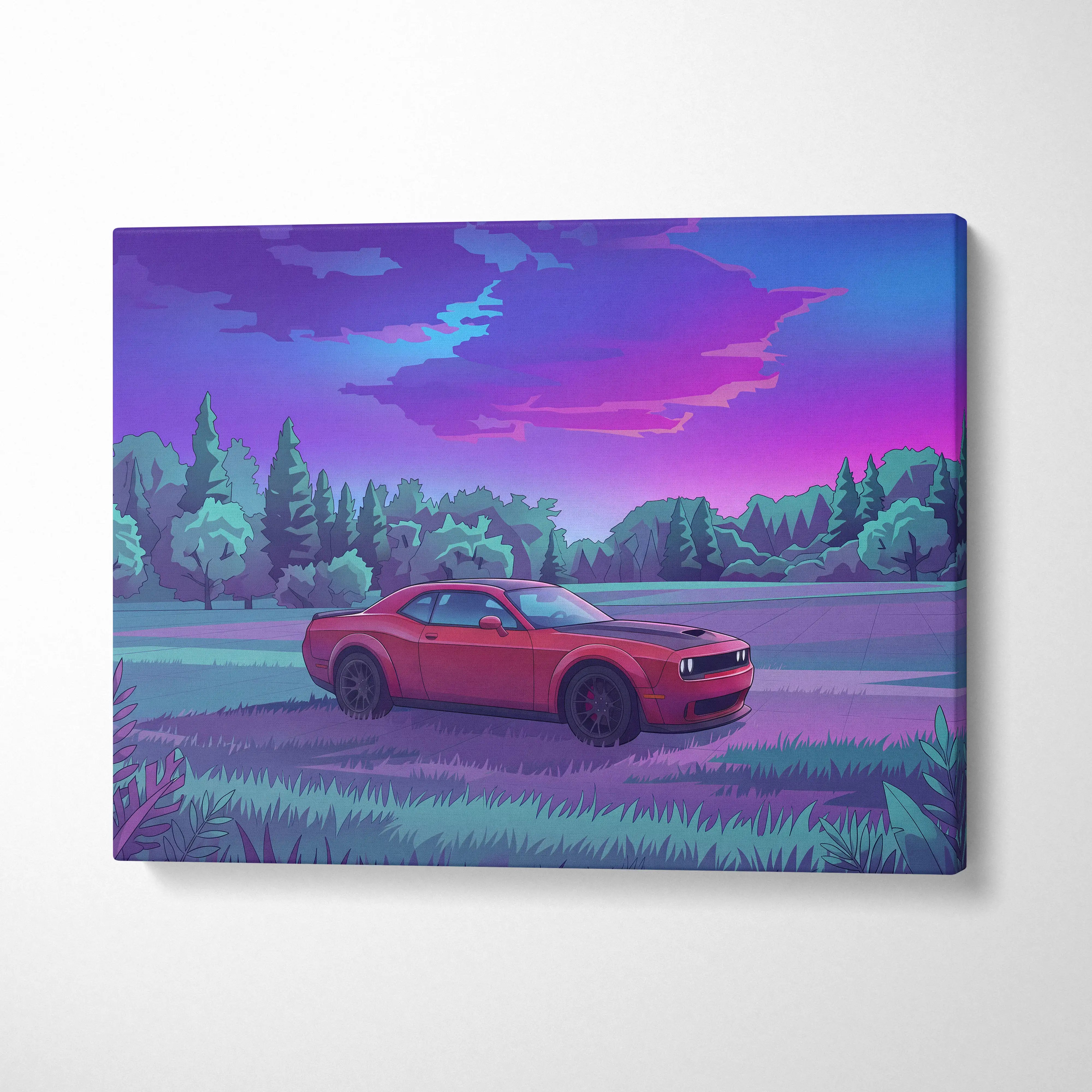 Dodge Challenger Inspired Red Purple Forest Canvas Wall Art Vaporwave Muscle Car Artwork, Moody Mountain Road Garage Decor Retro Futuristic Print