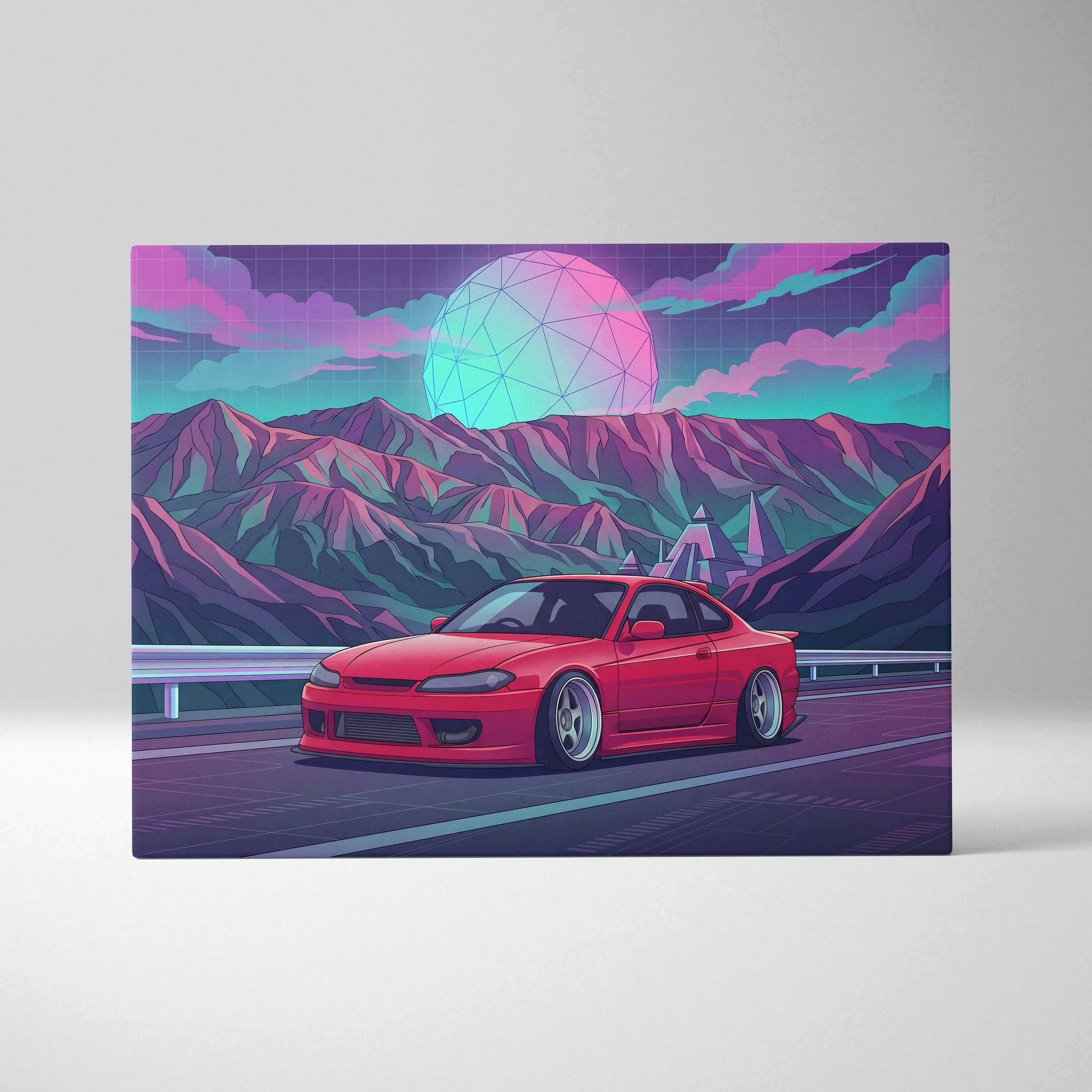Nissan Silvia S15 Inspired Red Teal Mountain Canvas Wall Art Vaporwave JDM Car Artwork, Neon Pyramid Road Garage Decor Retro Futuristic Print