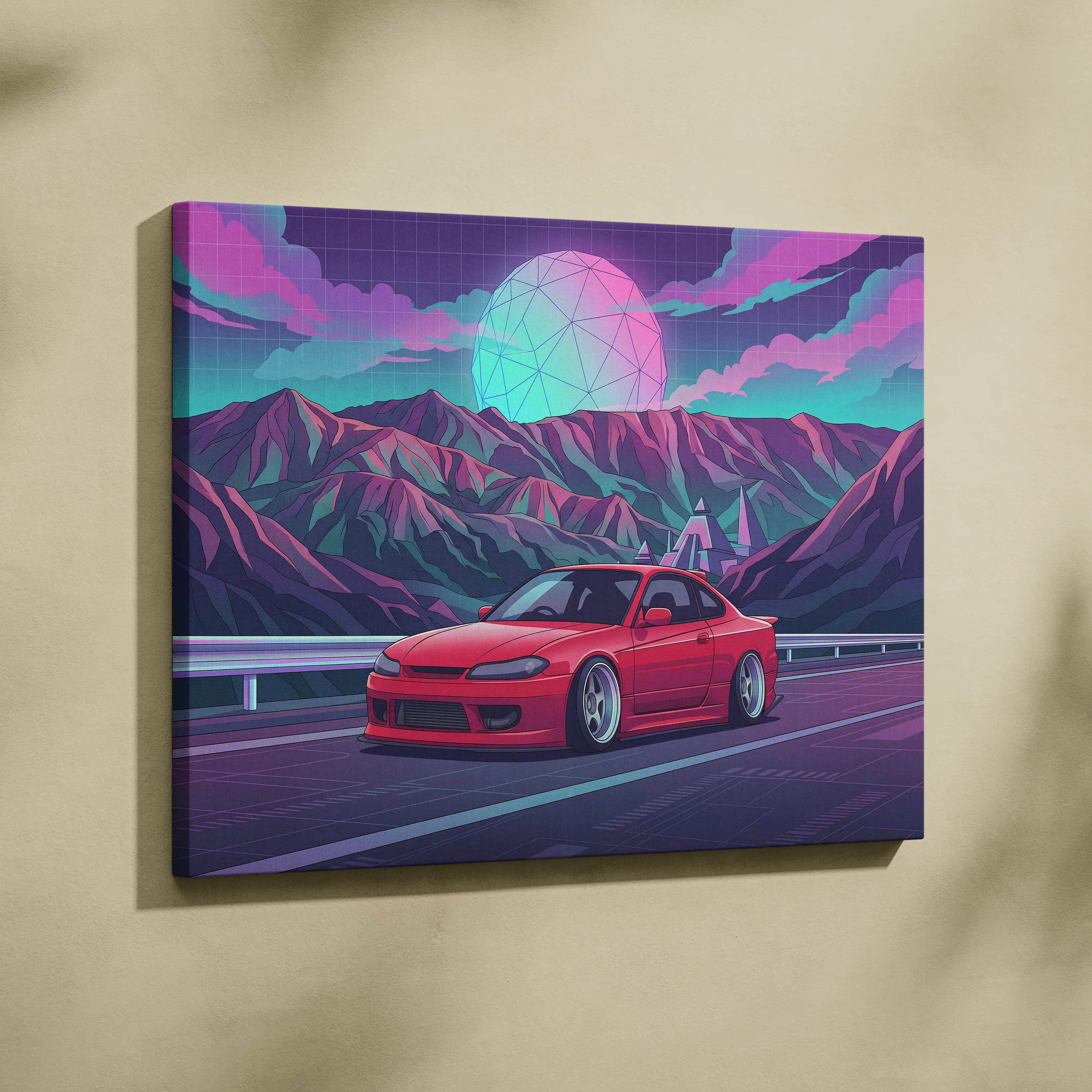 Nissan Silvia S15 Inspired Red Teal Mountain Canvas Wall Art Vaporwave JDM Car Artwork, Neon Pyramid Road Garage Decor Retro Futuristic Print