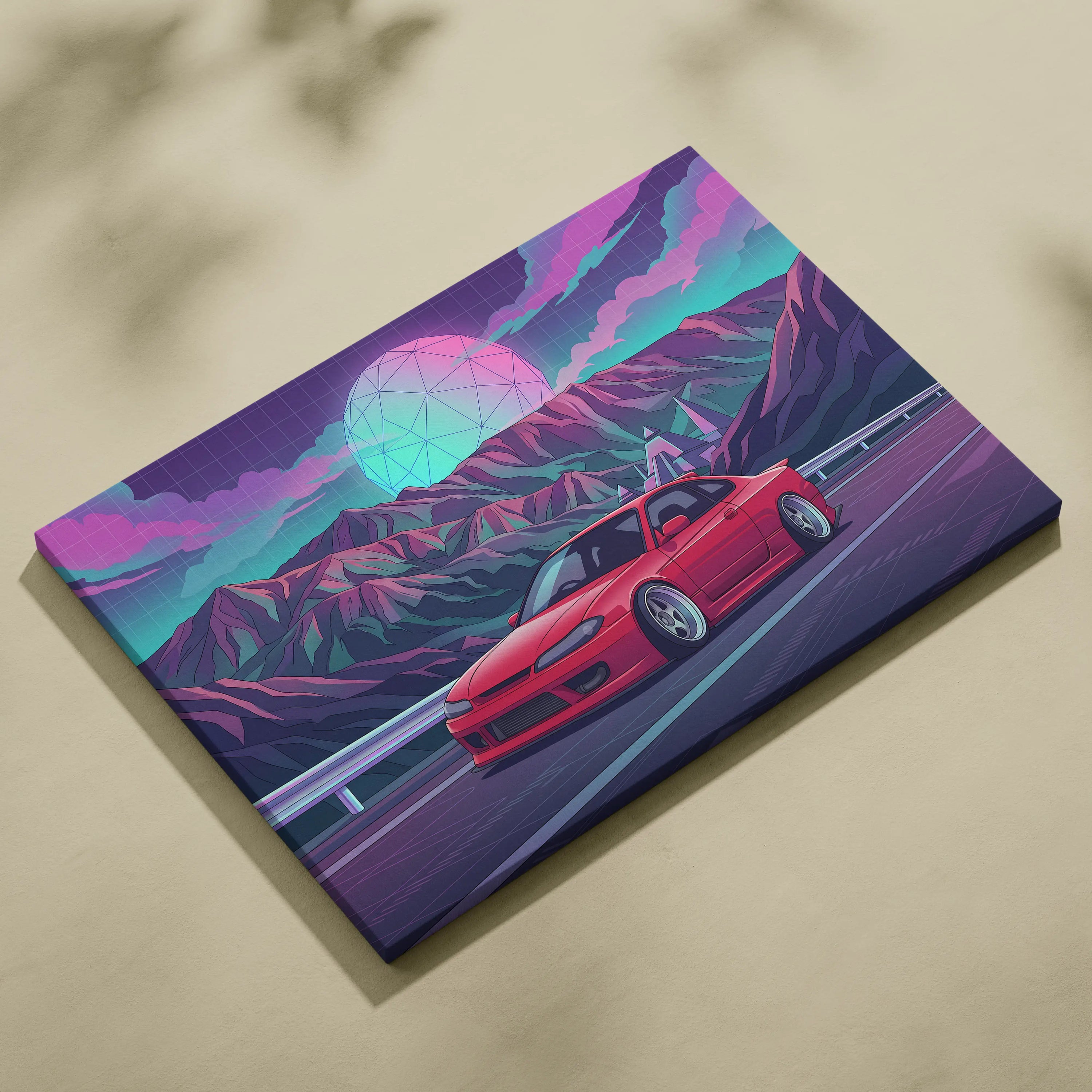 Nissan Silvia S15 Inspired Red Teal Mountain Canvas Wall Art Vaporwave JDM Car Artwork, Neon Pyramid Road Garage Decor Retro Futuristic Print
