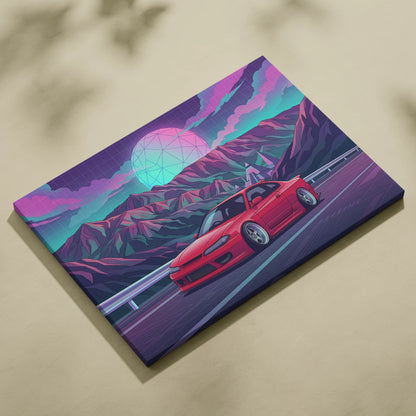 Nissan Silvia S15 Inspired Red Teal Mountain Canvas Wall Art Vaporwave JDM Car Artwork, Neon Pyramid Road Garage Decor Retro Futuristic Print