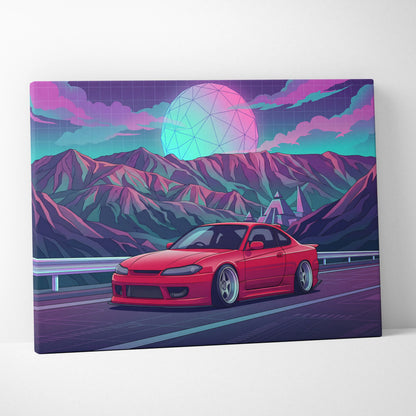Nissan Silvia S15 Inspired Red Teal Mountain Canvas Wall Art Vaporwave JDM Car Artwork, Neon Pyramid Road Garage Decor Retro Futuristic Print