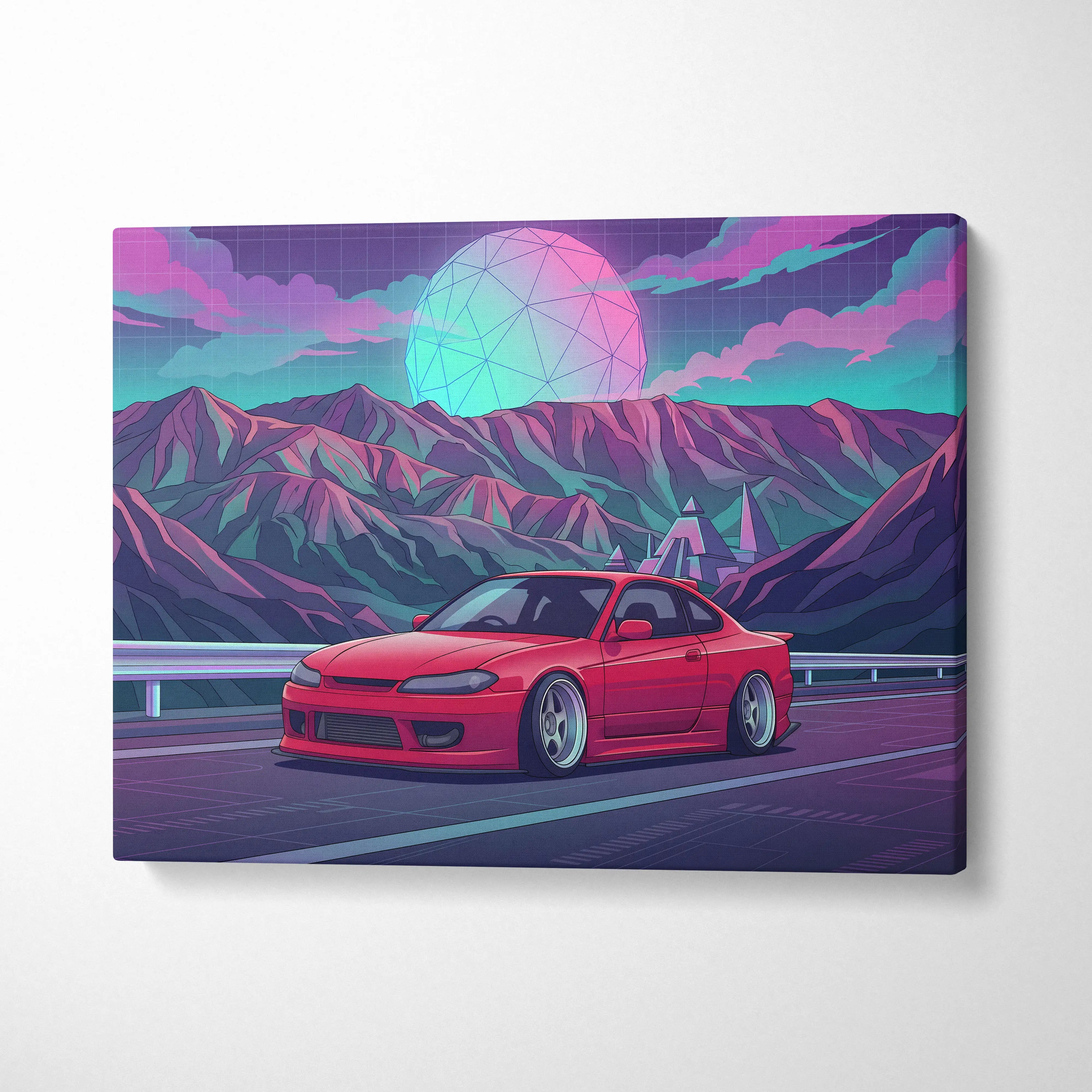 Nissan Silvia S15 Inspired Red Teal Mountain Canvas Wall Art Vaporwave JDM Car Artwork, Neon Pyramid Road Garage Decor Retro Futuristic Print