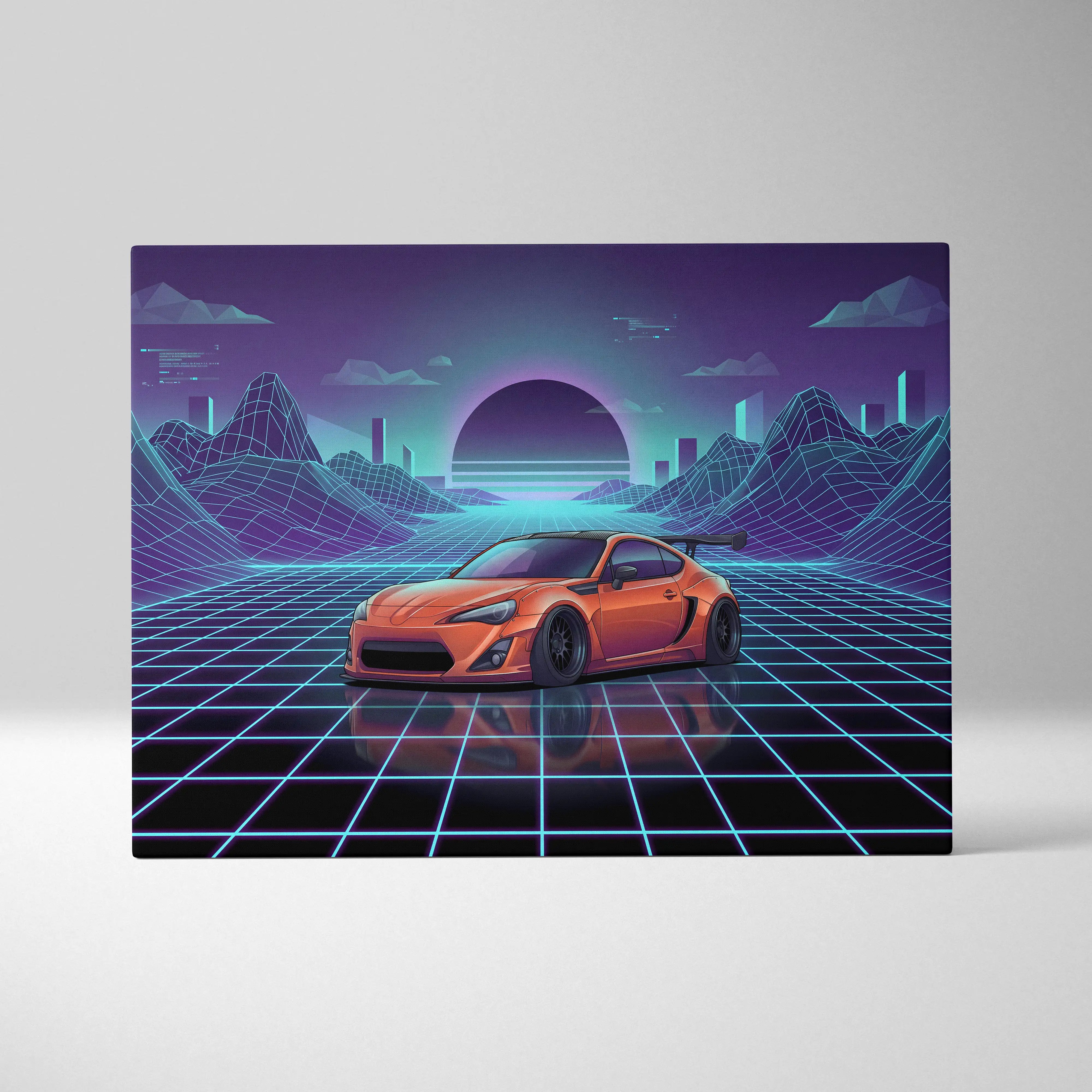 Vibrant orange toyota ft86 widebody neon vaporwave cityscape canvas featuring retro futuristic car art for living room