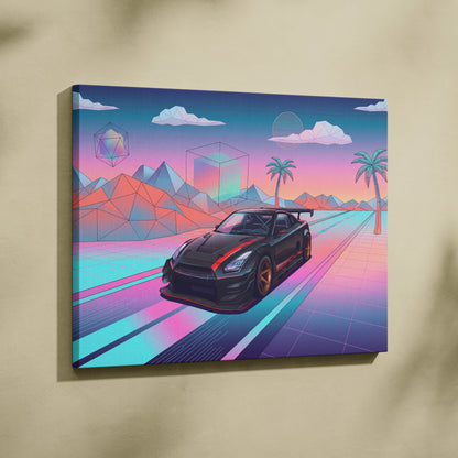Nissan GT-R R35 Inspired Vaporwave Neon Drive Canvas - Car Art Neon Pink Blue For Living Room, Retro Futurism Canvas Print