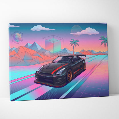 Nissan GT-R R35 Inspired Vaporwave Neon Drive Canvas - Car Art Neon Pink Blue For Living Room, Retro Futurism Canvas Print