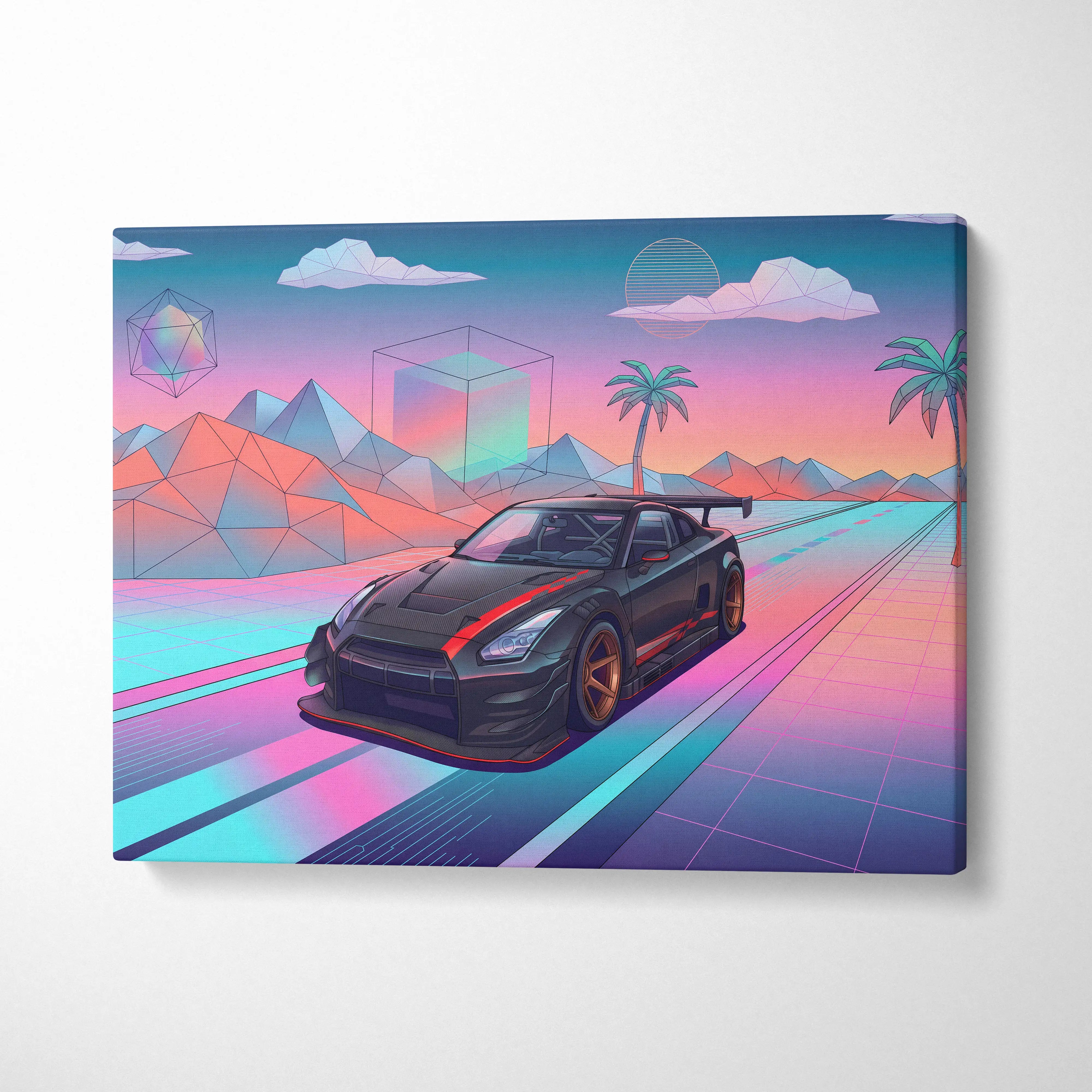 Black nissan gt-r r35 with red racing stripes and gold rims in retro-futuristic neon pink blue vaporwave canvas art