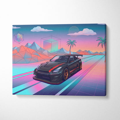 Nissan GT-R R35 Inspired Vaporwave Neon Drive Canvas - Car Art Neon Pink Blue For Living Room, Retro Futurism Canvas Print