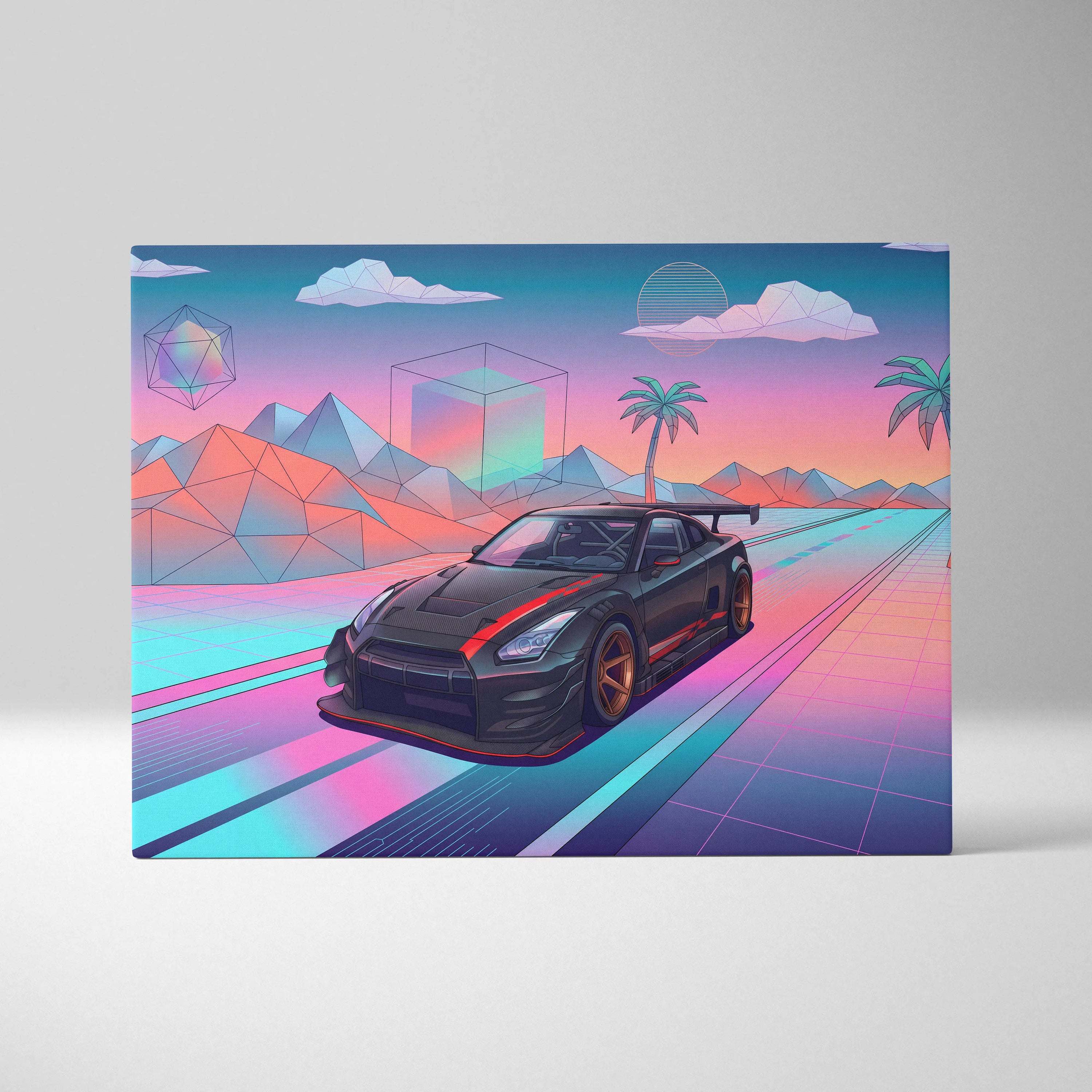 Nissan GT-R R35 Inspired Vaporwave Neon Drive Canvas - Car Art Neon Pink Blue For Living Room, Retro Futurism Canvas Print