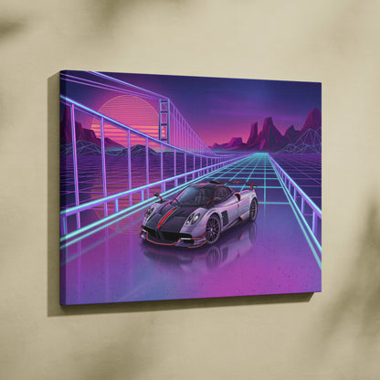 Pagani Huayra Neon Vaporwave Skyline Canvas -Car Art Neon Pink Teal Living Room Vaporwave NostalgicGlow