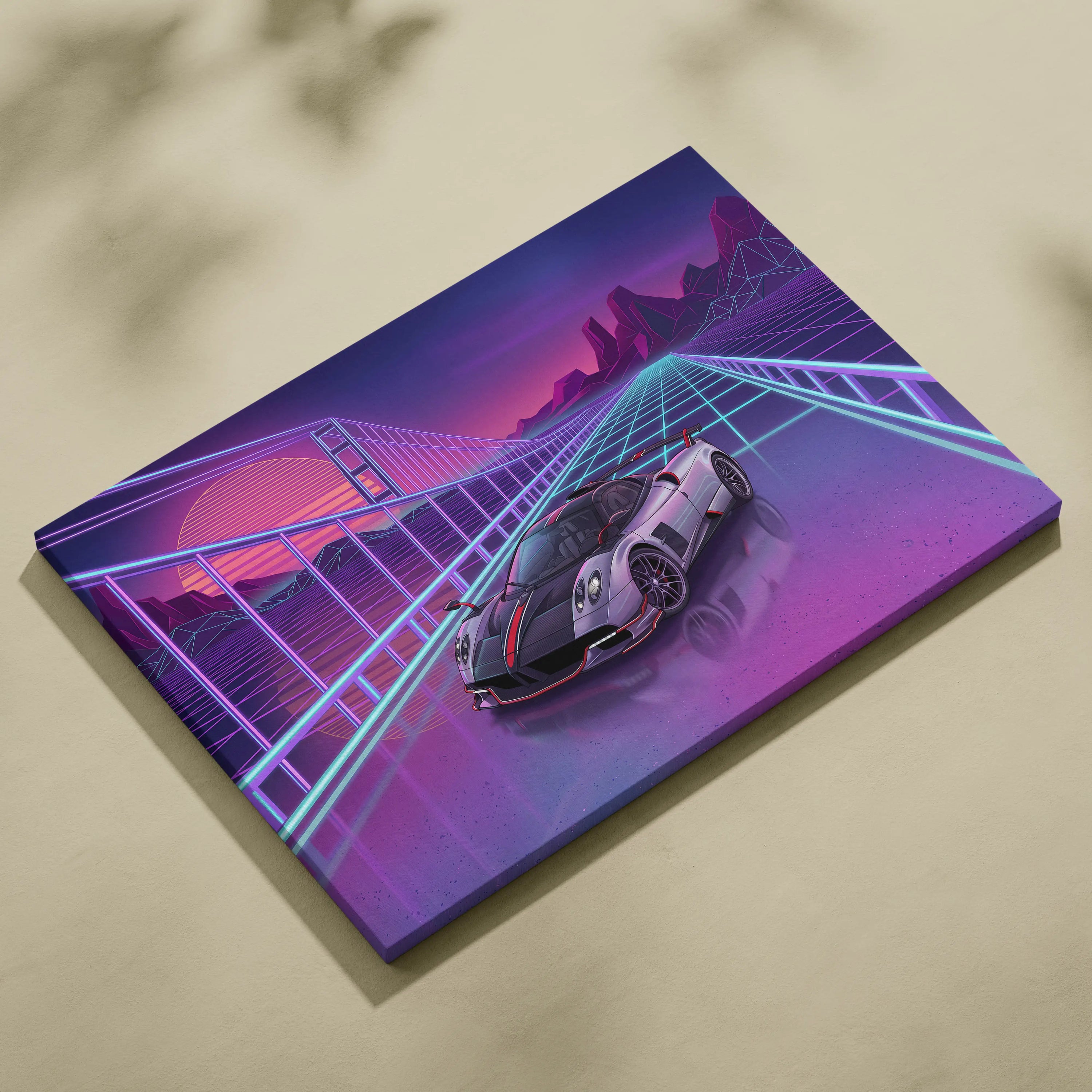 Pagani Huayra Neon Vaporwave Skyline Canvas -Car Art Neon Pink Teal Living Room Vaporwave NostalgicGlow