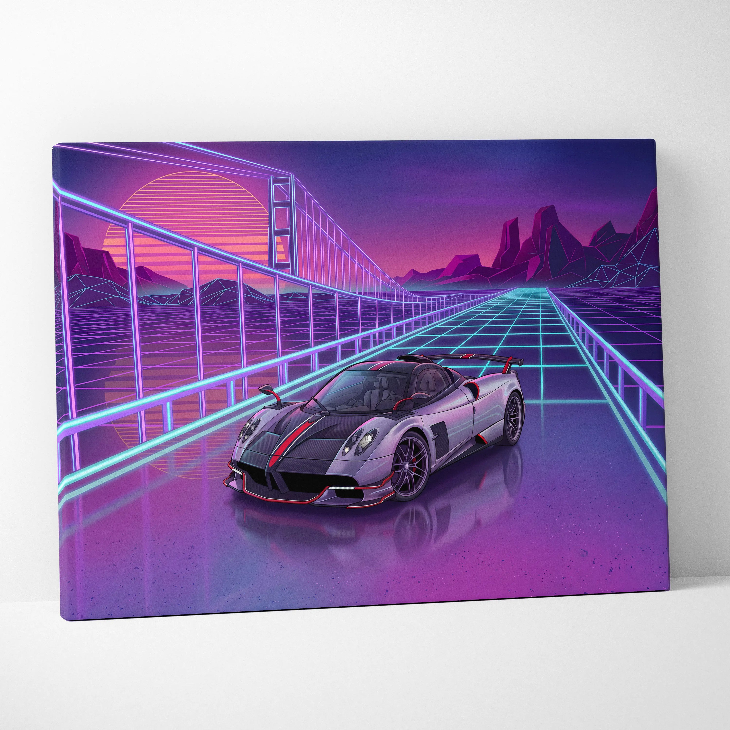 Pagani Huayra Neon Vaporwave Skyline Canvas -Car Art Neon Pink Teal Living Room Vaporwave NostalgicGlow