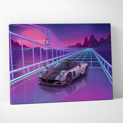 Pagani Huayra Neon Vaporwave Skyline Canvas -Car Art Neon Pink Teal Living Room Vaporwave NostalgicGlow