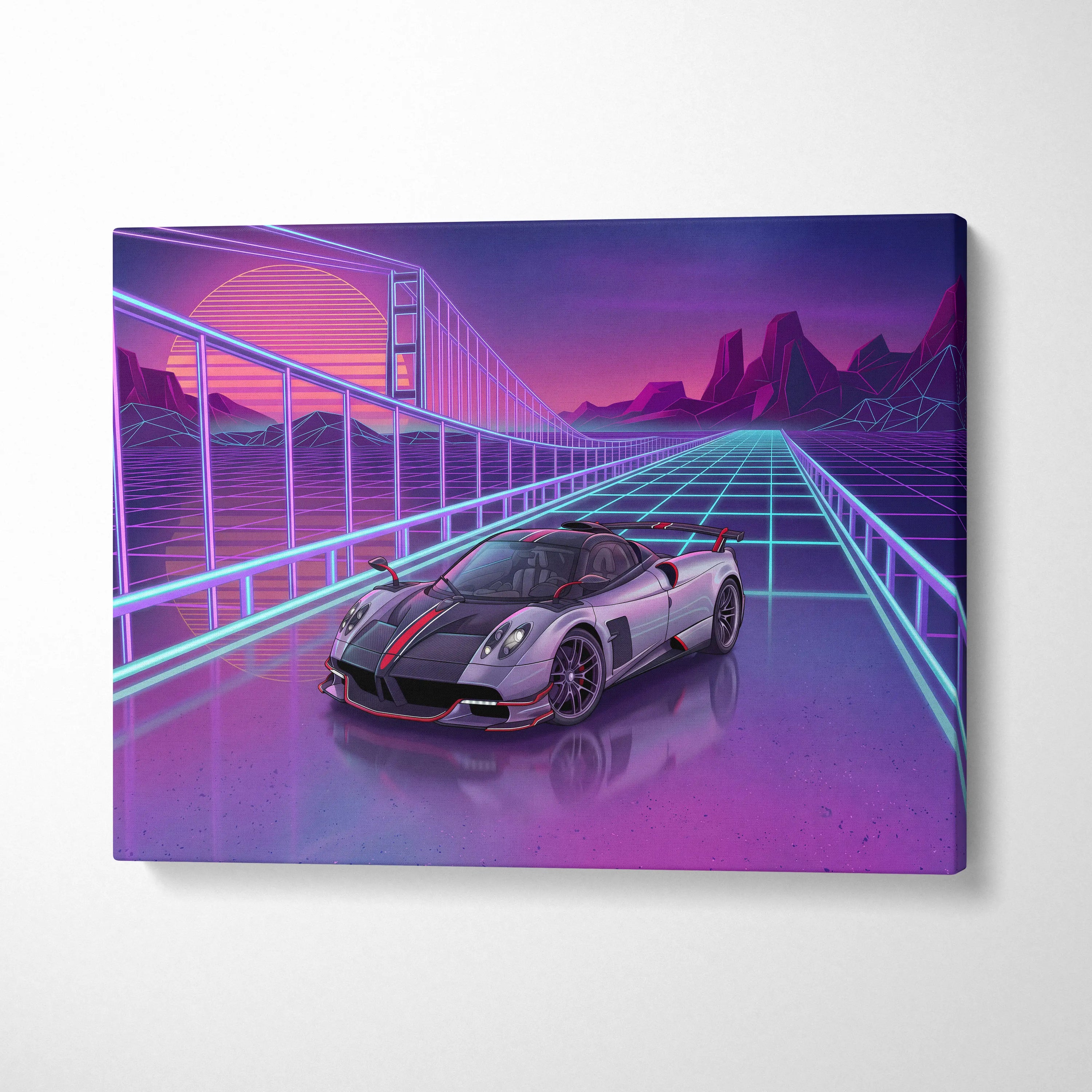 Pagani Huayra Neon Vaporwave Skyline Canvas -Car Art Neon Pink Teal Living Room Vaporwave NostalgicGlow
