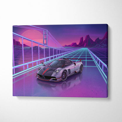 Pagani Huayra Neon Vaporwave Skyline Canvas -Car Art Neon Pink Teal Living Room Vaporwave NostalgicGlow