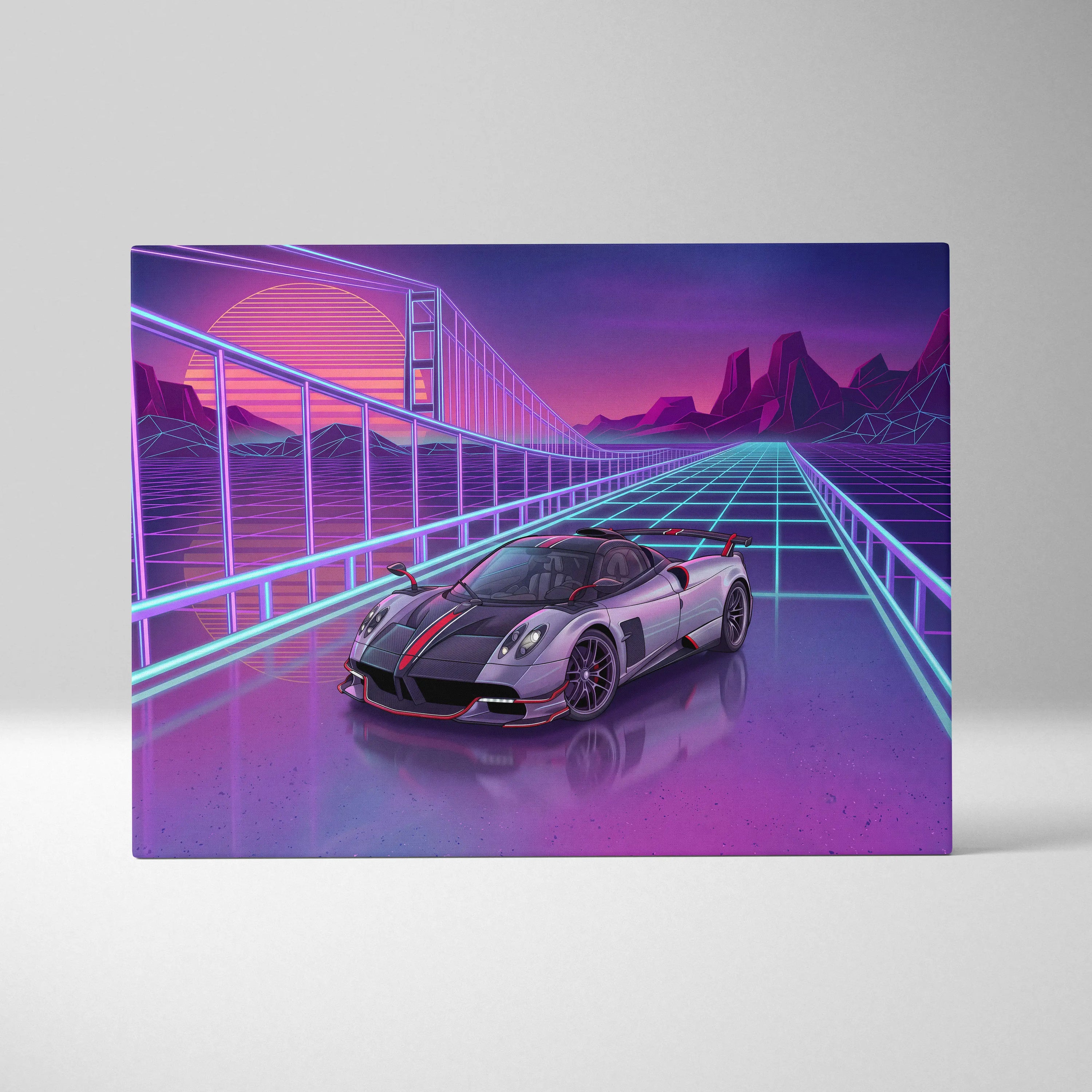 Pagani Huayra Neon Vaporwave Skyline Canvas -Car Art Neon Pink Teal Living Room Vaporwave NostalgicGlow