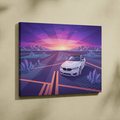 BMW M4 Inspired Neon Sunset Vaporwave Canvas Art - Automotive Art Neon Pink Purple Living Room Vaporwave Wall Art
